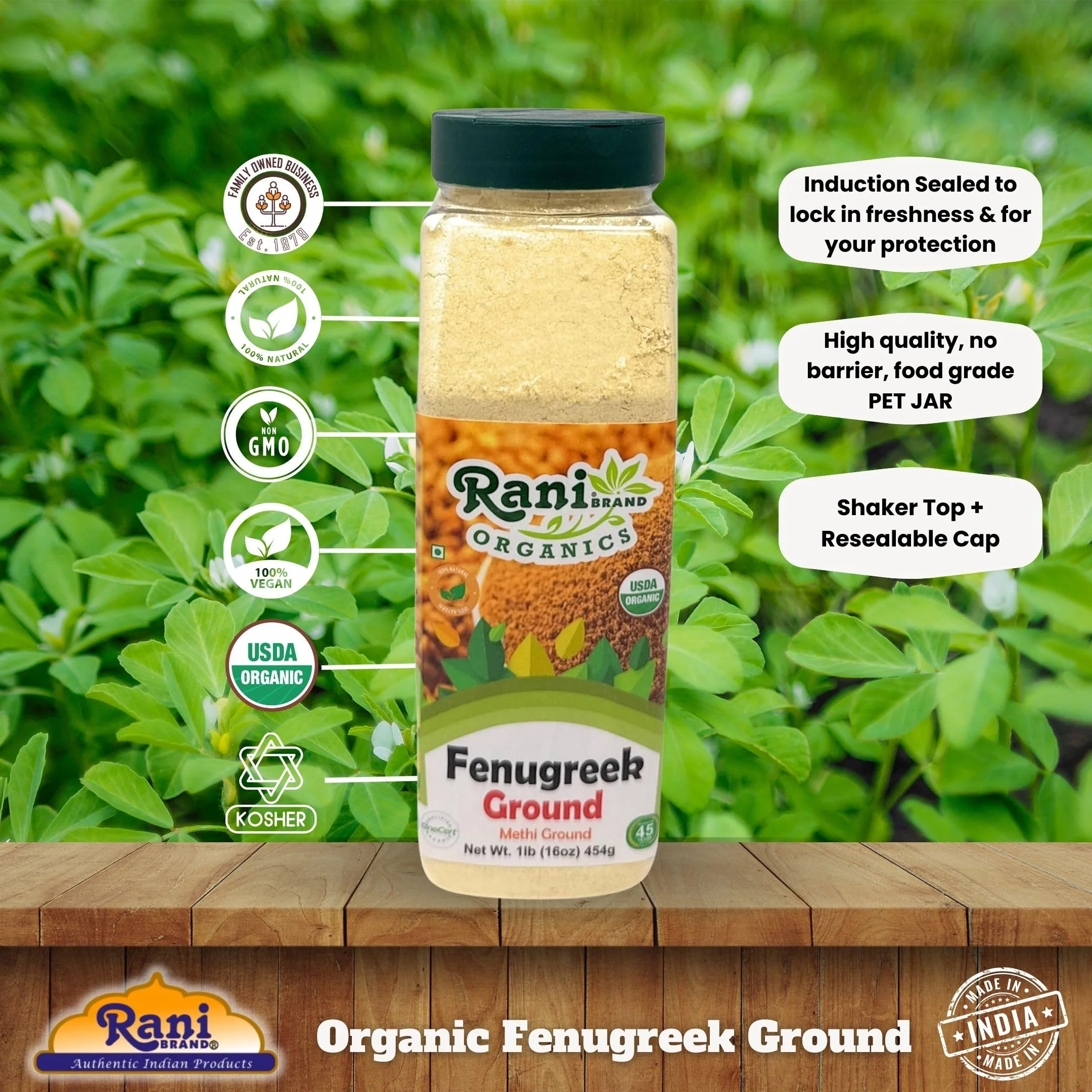 Rani Organic Fenugreek (Methi) Seeds Ground Powder 16oz (1lb) 454g Jar, Trigonella foenum graecum ~ All Natural | Vegan | Gluten Friendly | Non-GMO | Kosher | Indian Origin | USDA Certified Organic - Image 4