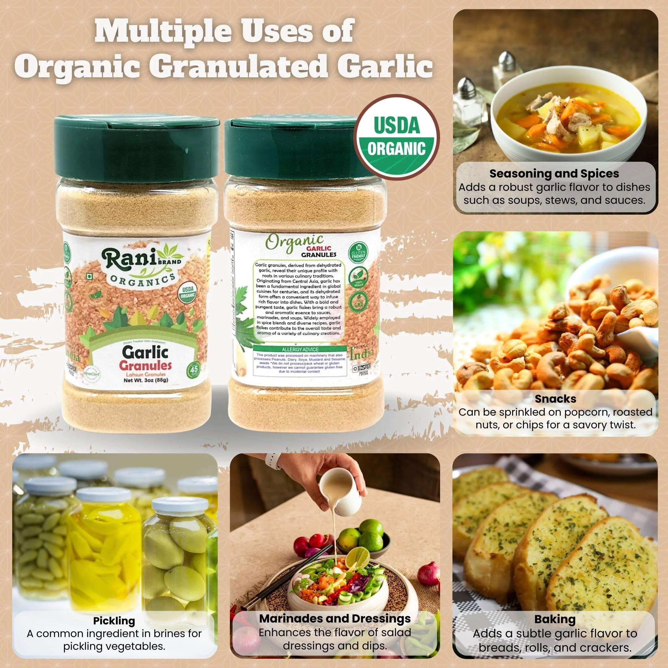 Rani Organic Granulated Garlic (Lahsun Granules) 3oz (85g) PET Jar ~ All Natural | Gluten Friendly | Vegan | NON-GMO | Kosher | No Salt or fillers | Product of USA | USDA Certified Organic - Image 2