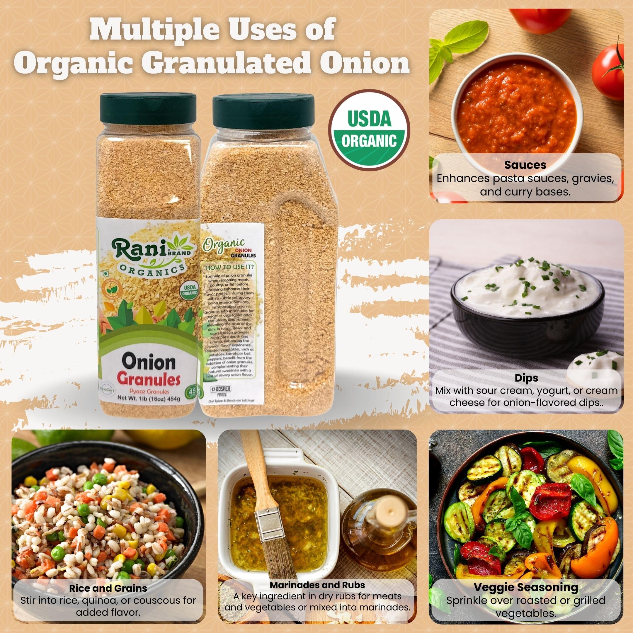 Rani Organic Granulated Onion (Pyaaz Granules) 16oz (1lb) 454g PET Jar ~ All Natural | Gluten Friendly | Vegan | NON-GMO | Kosher | No Salt or fillers | Indian Origin | USDA Certified Organic - Image 2
