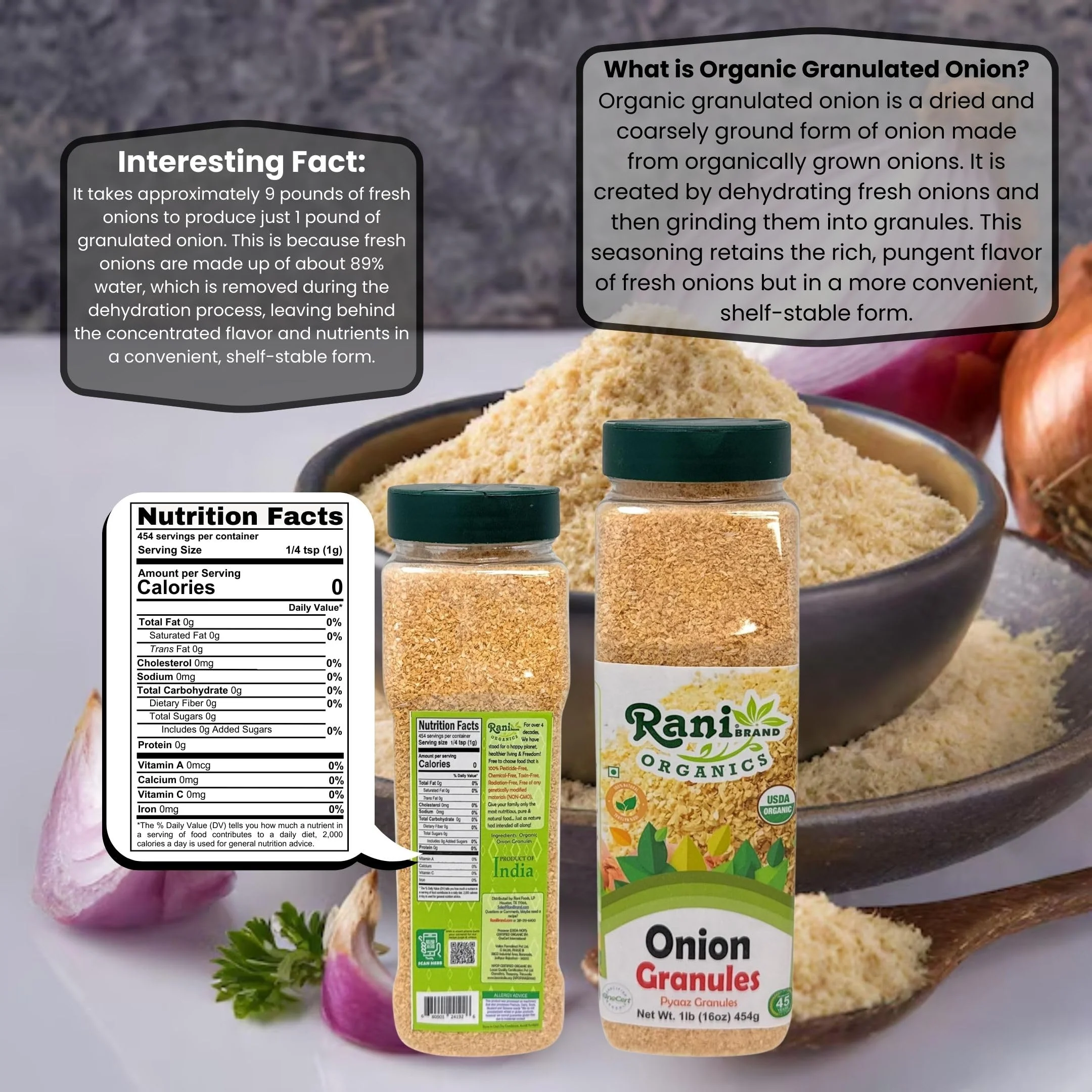 Rani Organic Granulated Onion (Pyaaz Granules) 16oz (1lb) 454g PET Jar ~ All Natural | Gluten Friendly | Vegan | NON-GMO | Kosher | No Salt or fillers | Indian Origin | USDA Certified Organic - Image 3