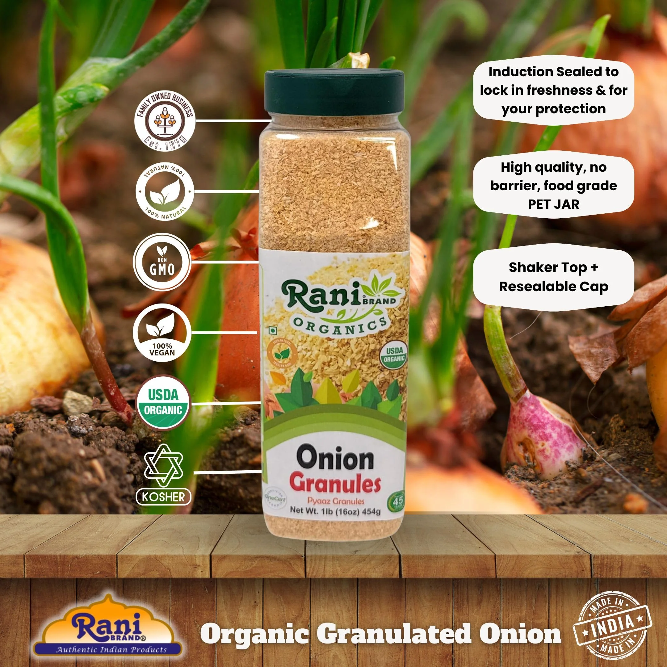 Rani Organic Granulated Onion (Pyaaz Granules) 16oz (1lb) 454g PET Jar ~ All Natural | Gluten Friendly | Vegan | NON-GMO | Kosher | No Salt or fillers | Indian Origin | USDA Certified Organic - Image 4