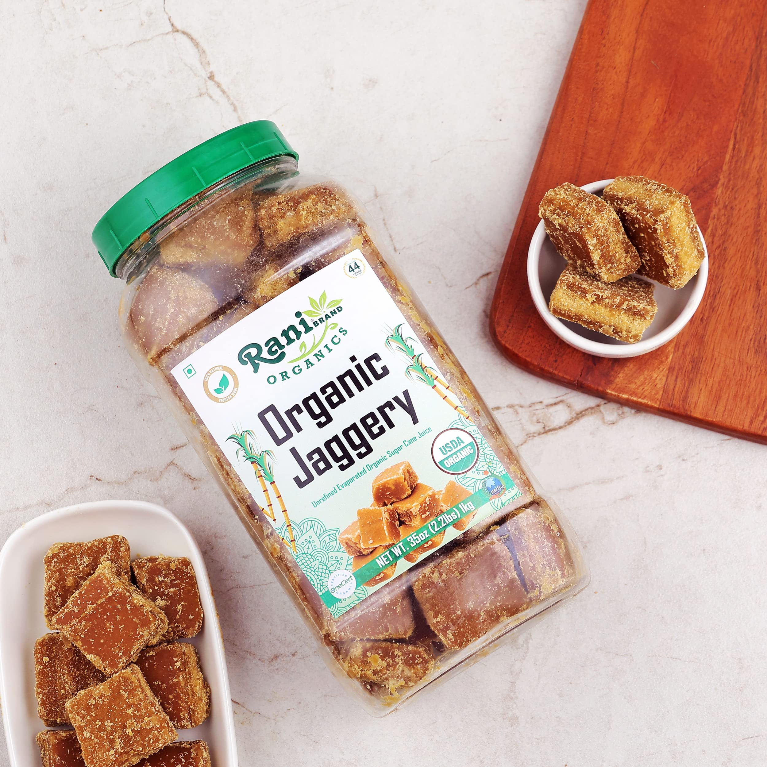 Rani Organic Jaggery (Unrefined Evaporated Organic Sugar Cane Juice) 35oz (2.2lbs) 1kg PET Jar ~ Gluten Friendly | Vegan | NON-GMO | No Salt or fillers | Indian Product | USDA Certified Organic - Image 2