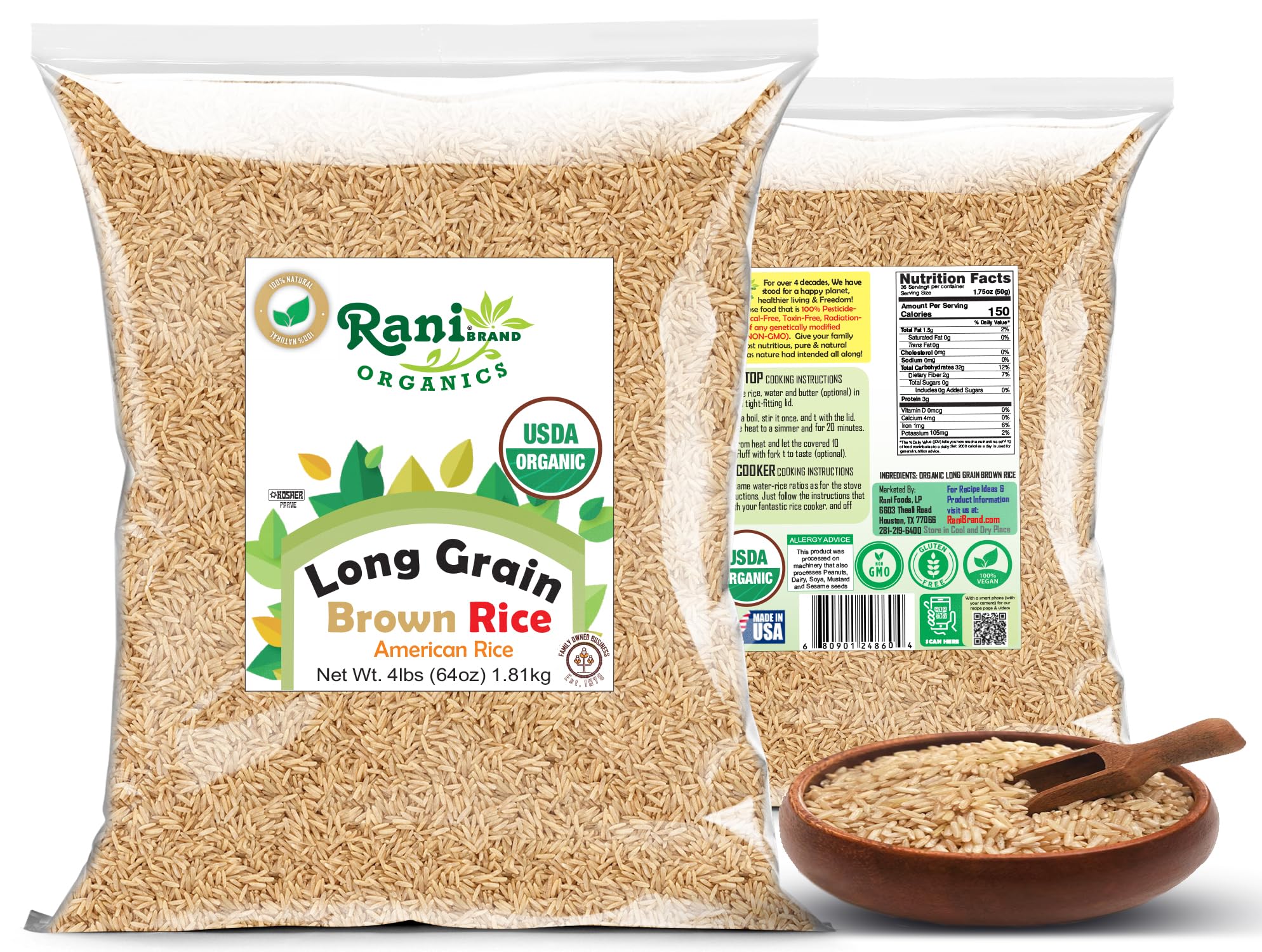 Rani Organic Long Grain Brown Rice 64oz (4lbs) 1.81kg Bulk ~ All Natural | Gluten Friendly | Vegan | Non-GMO | Kosher | Product of USA | USDA Certified Organic - Image 7