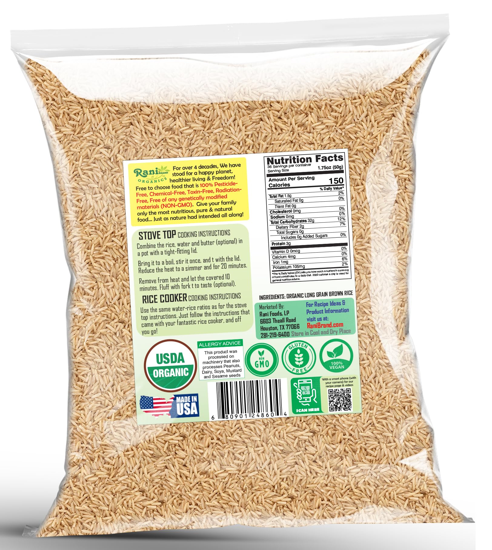 Rani Organic Long Grain Brown Rice 64oz (4lbs) 1.81kg Bulk ~ All Natural | Gluten Friendly | Vegan | Non-GMO | Kosher | Product of USA | USDA Certified Organic - Image 8