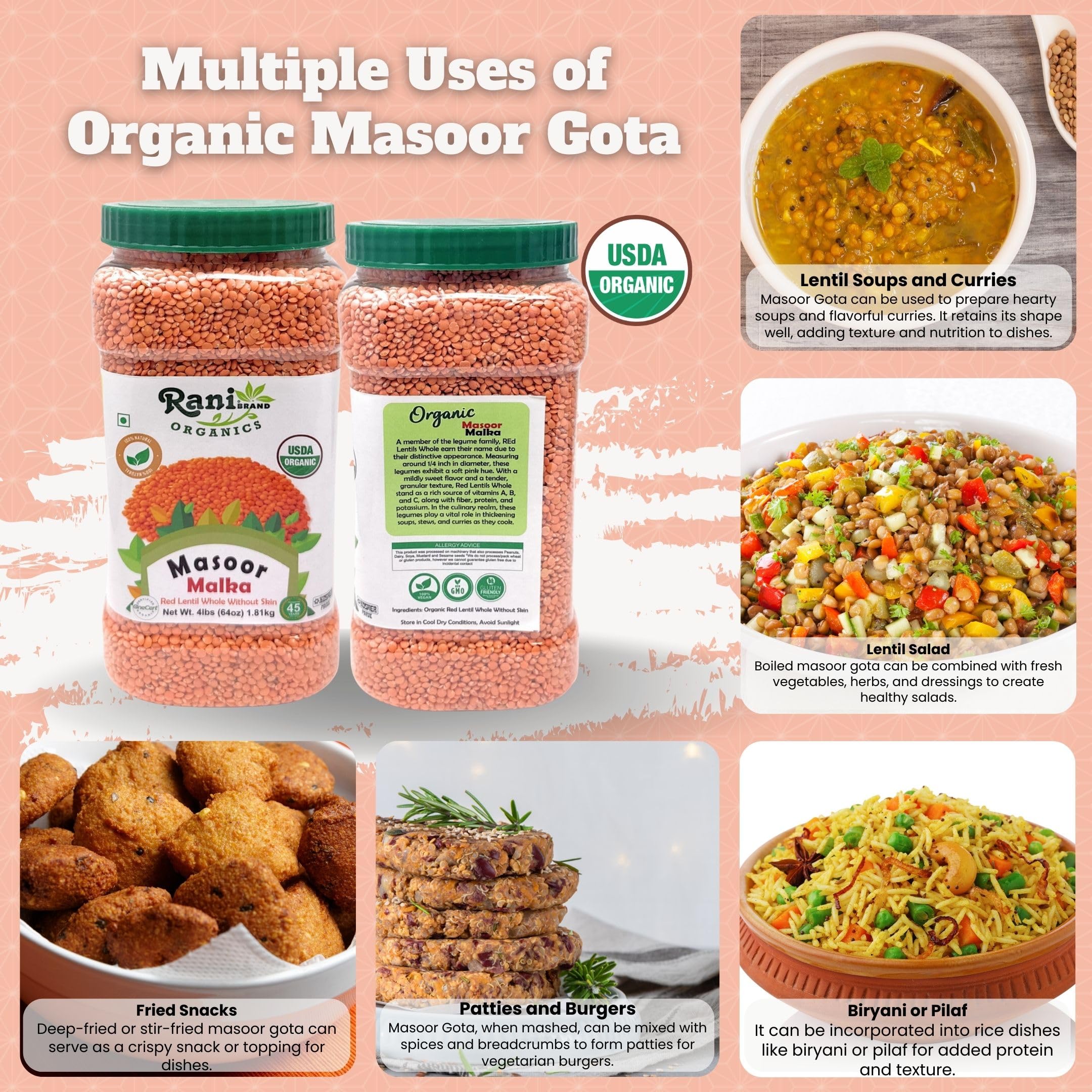 Rani Organic Masoor Gota (Football) Indian Red Lentils Skinless 64oz (4lbs) 1.81kg Bulk ~ All Natural | Gluten Friendly | NON-GMO | Kosher | Vegan | Product of USA - Image 2