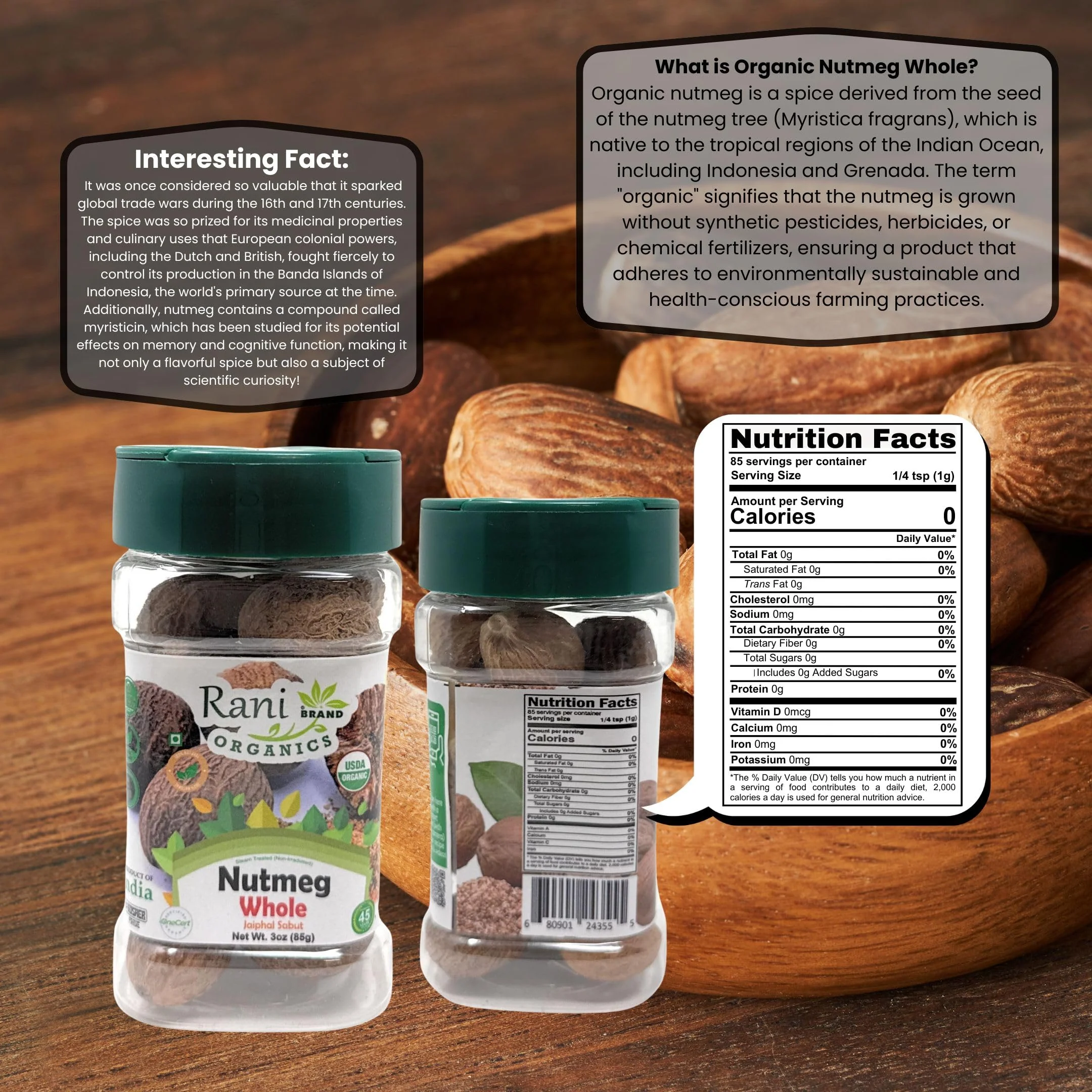 Rani Organic Nutmeg (Jaiphul) Whole Spice, 17-19 Pieces, 3oz (85g) PET Jar ~ All Natural | Vegan | Gluten Friendly | NON-GMO | Kosher | Indian Origin | USDA Certified Organic - Image 3