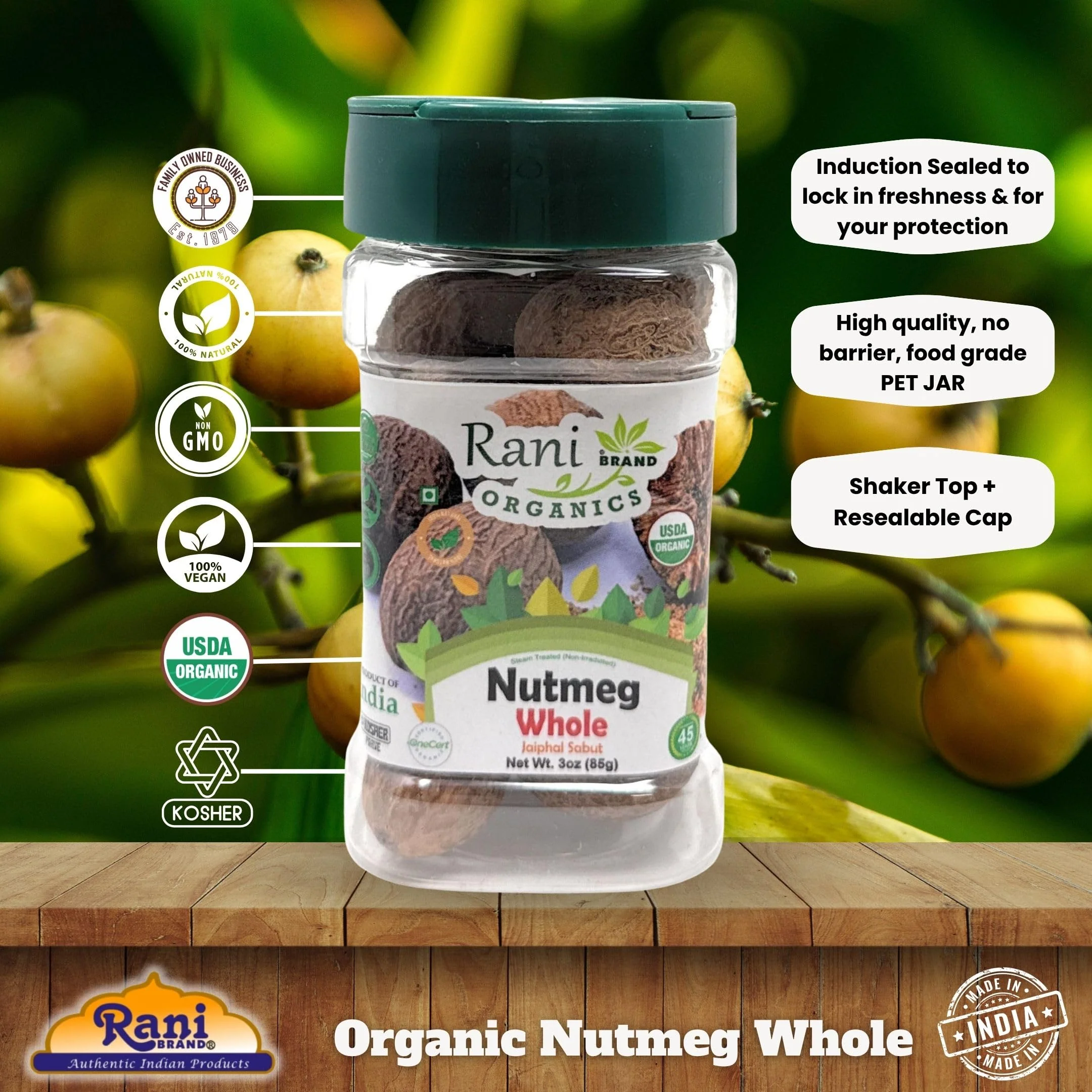 Rani Organic Nutmeg (Jaiphul) Whole Spice, 17-19 Pieces, 3oz (85g) PET Jar ~ All Natural | Vegan | Gluten Friendly | NON-GMO | Kosher | Indian Origin | USDA Certified Organic - Image 4