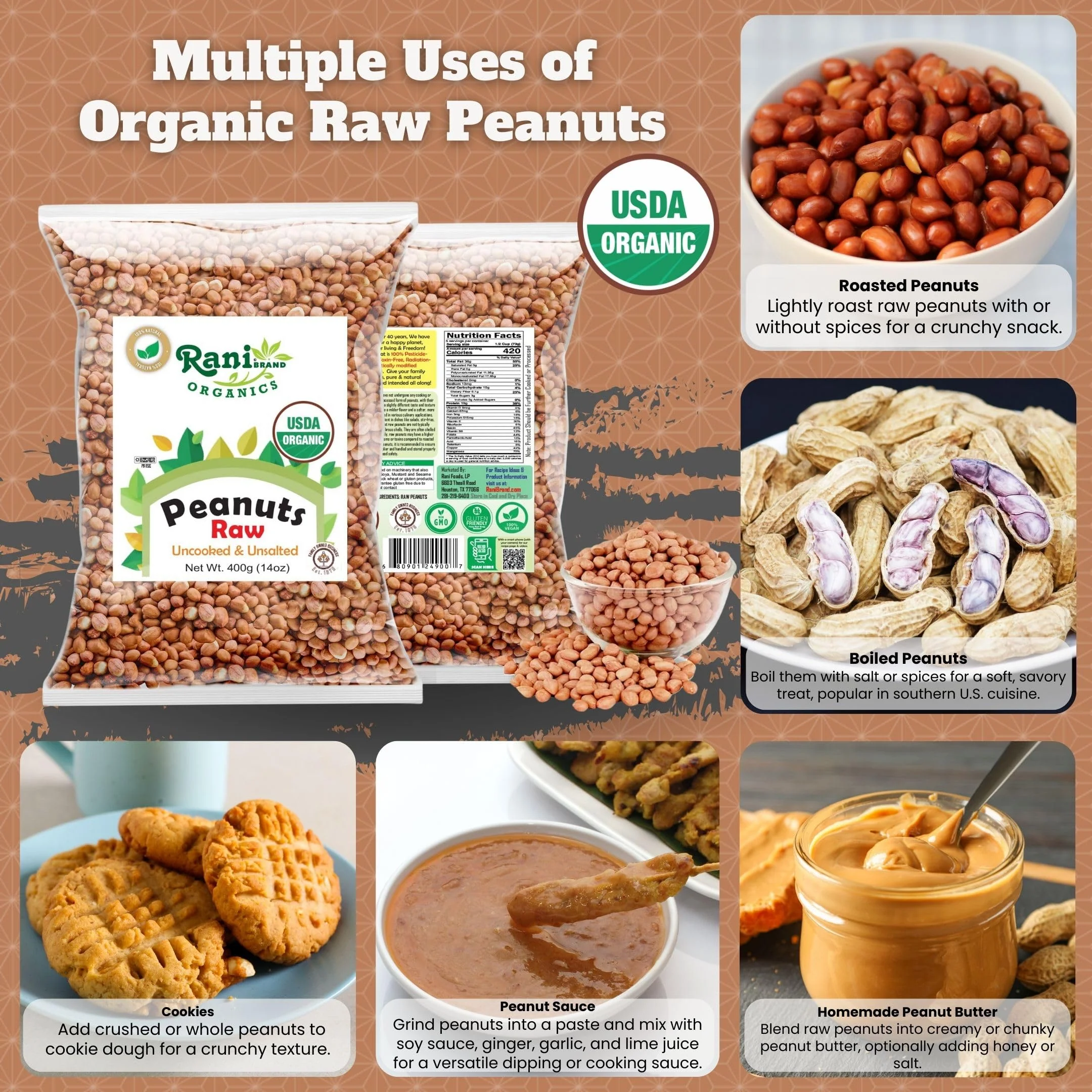 Rani Organic Peanuts, Raw Whole With Skin (uncooked, unsalted) 14oz (400g) ~ All Natural | Vegan | Gluten Friendly | Fresh Product of USA | USDA Certified Organic ~ Spanish Grade Groundnut / Red-skin - Image 2