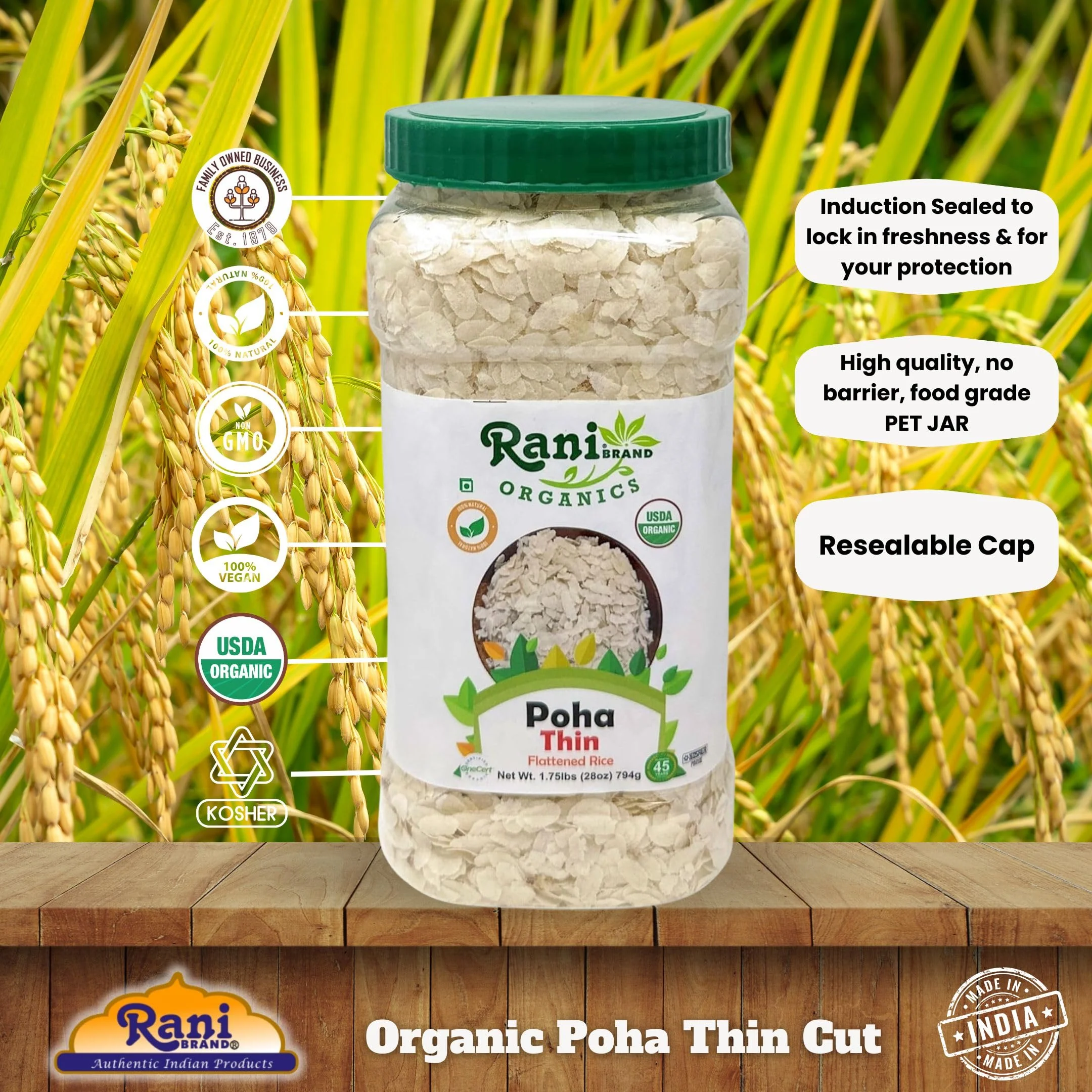Rani Organic Poha (Powa) Thin Cut (Flattened Rice) 28oz (1.75lbs) 800g PET Jar ~ All Natural, Salt-Free | Vegan | Kosher | No Colors | Gluten Friendly | Indian Origin | USDA Certified Organic - Image 4