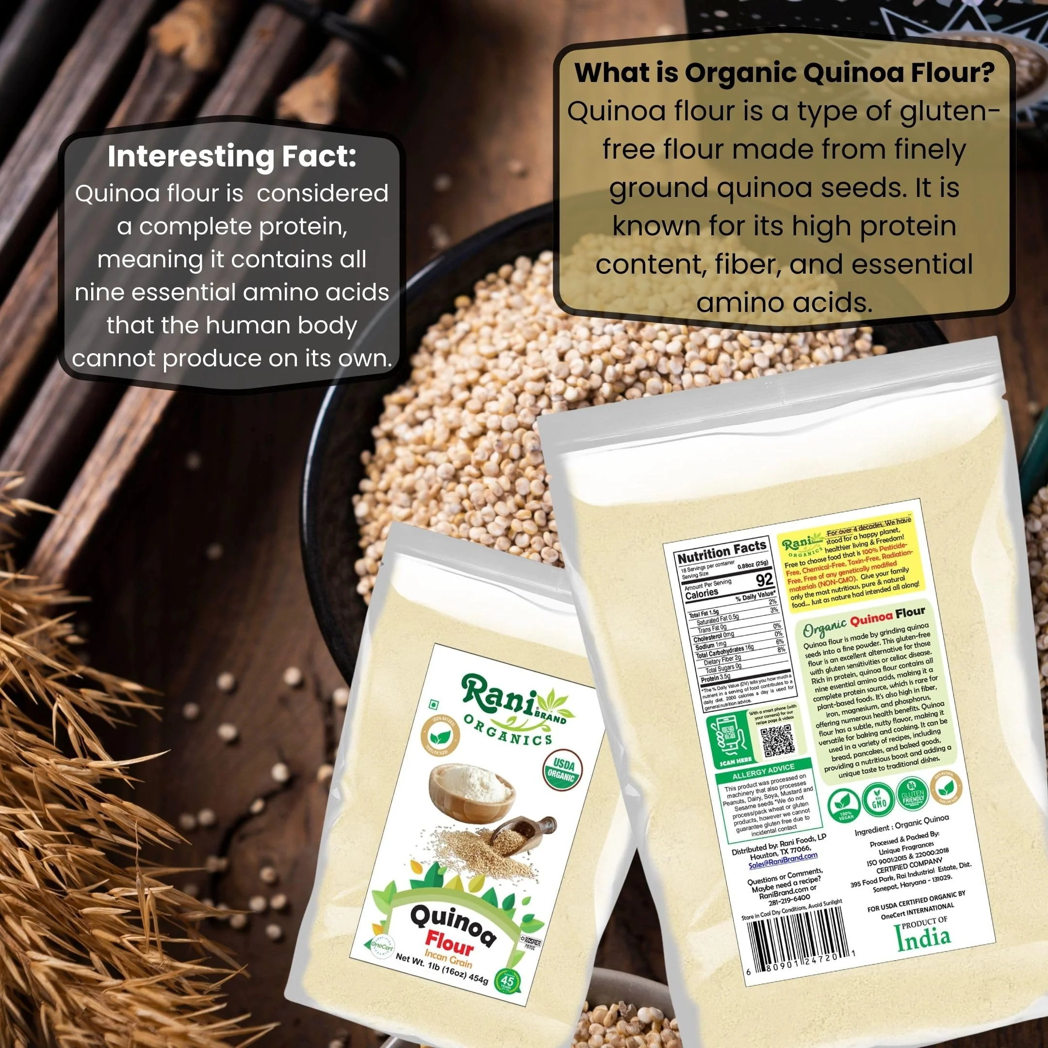 Rani Organic Quinoa Flour (Incan Grain) 16oz (1lb) 454g ~ All Natural | Vegan | Gluten Friendly | NON-GMO | Kosher | Indian Origin | USDA Certified Organic - Image 3