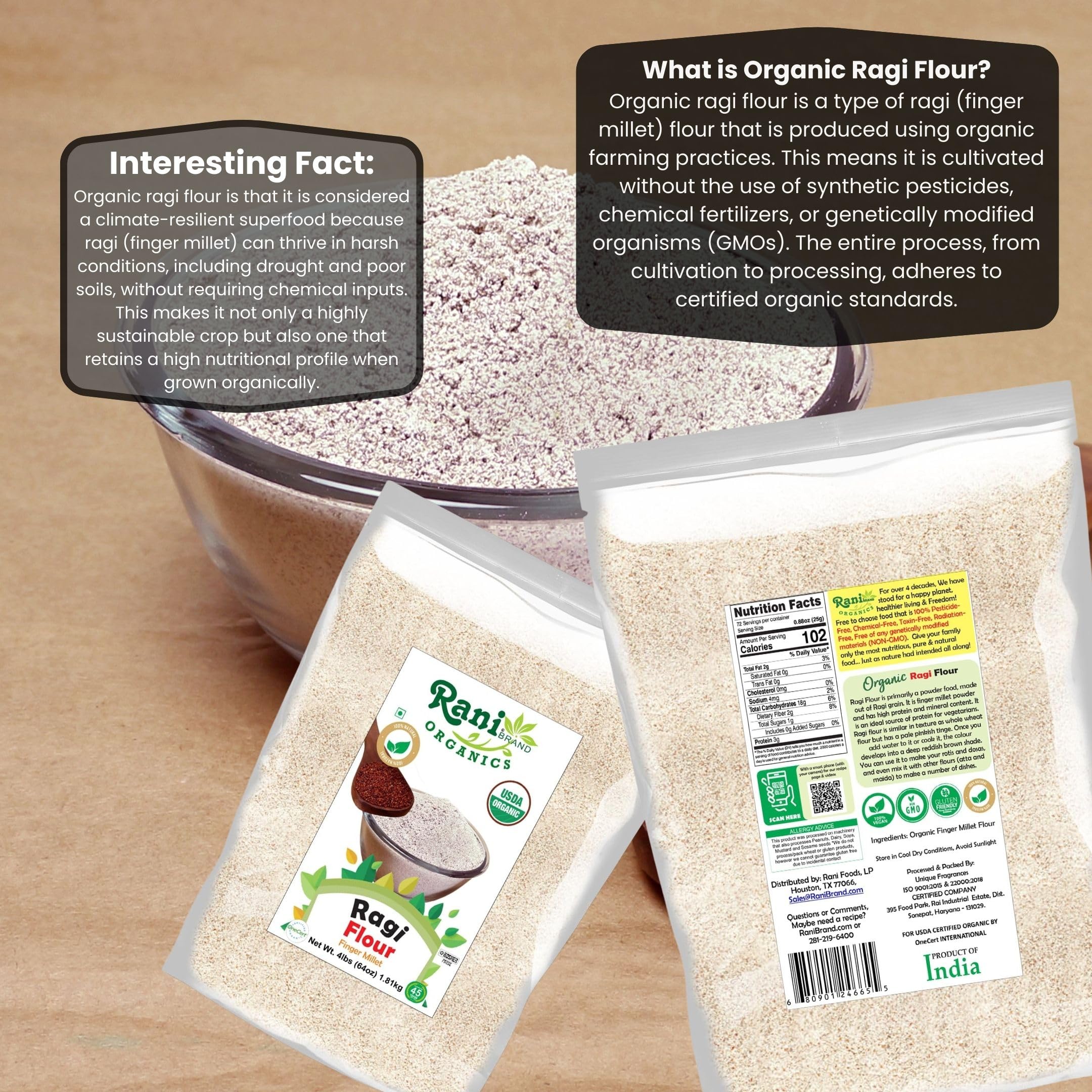 Rani Organic Ragi (Red Millet) Flour 64oz (4lbs) 1.81kg Bulk~All Natural | Vegan | Gluten Friendly | NON-GMO | Kosher | Indian Origin | USDA Certified Organic - Image 3