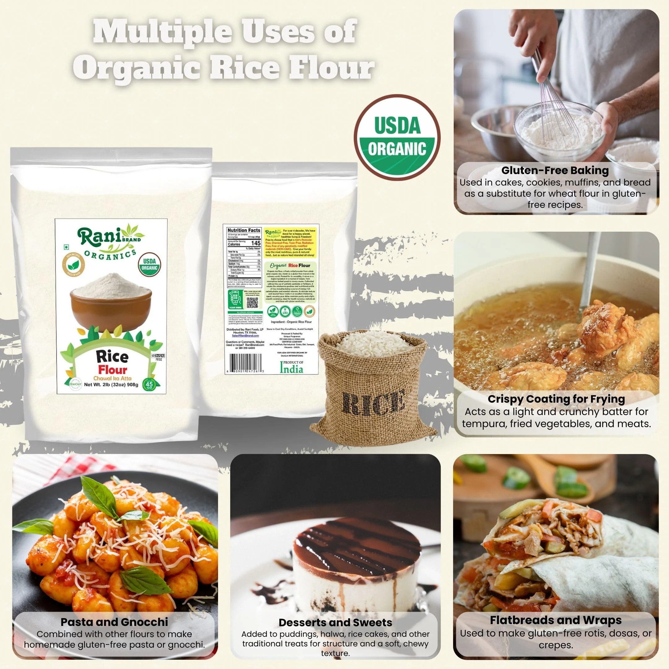 Rani Organic Rice (White) Flour 32oz (2lbs) 908g ~ All Natural | Gluten Friendly | Vegan | NON-GMO | Kosher | Indian Origin | USDA Certified Organic - Image 2