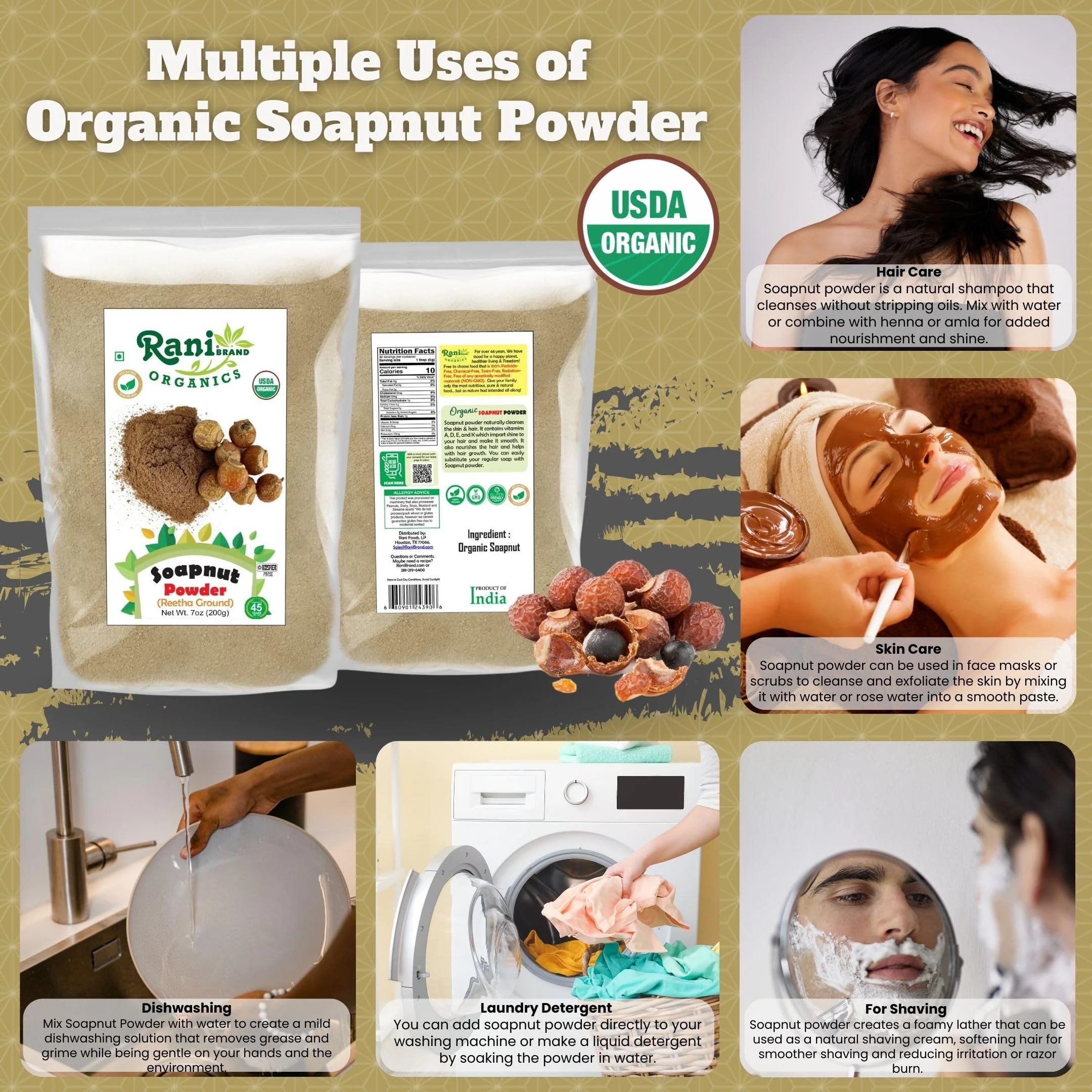 Rani Organic Soapnut Powder (Reetha Ground) 7oz (200g) ~ for Hair & Skin Care | As Laundry Deterget or Household Cleaner | All Natural | Kosher | Indian Origin | USDA Organic Certified - Image 2