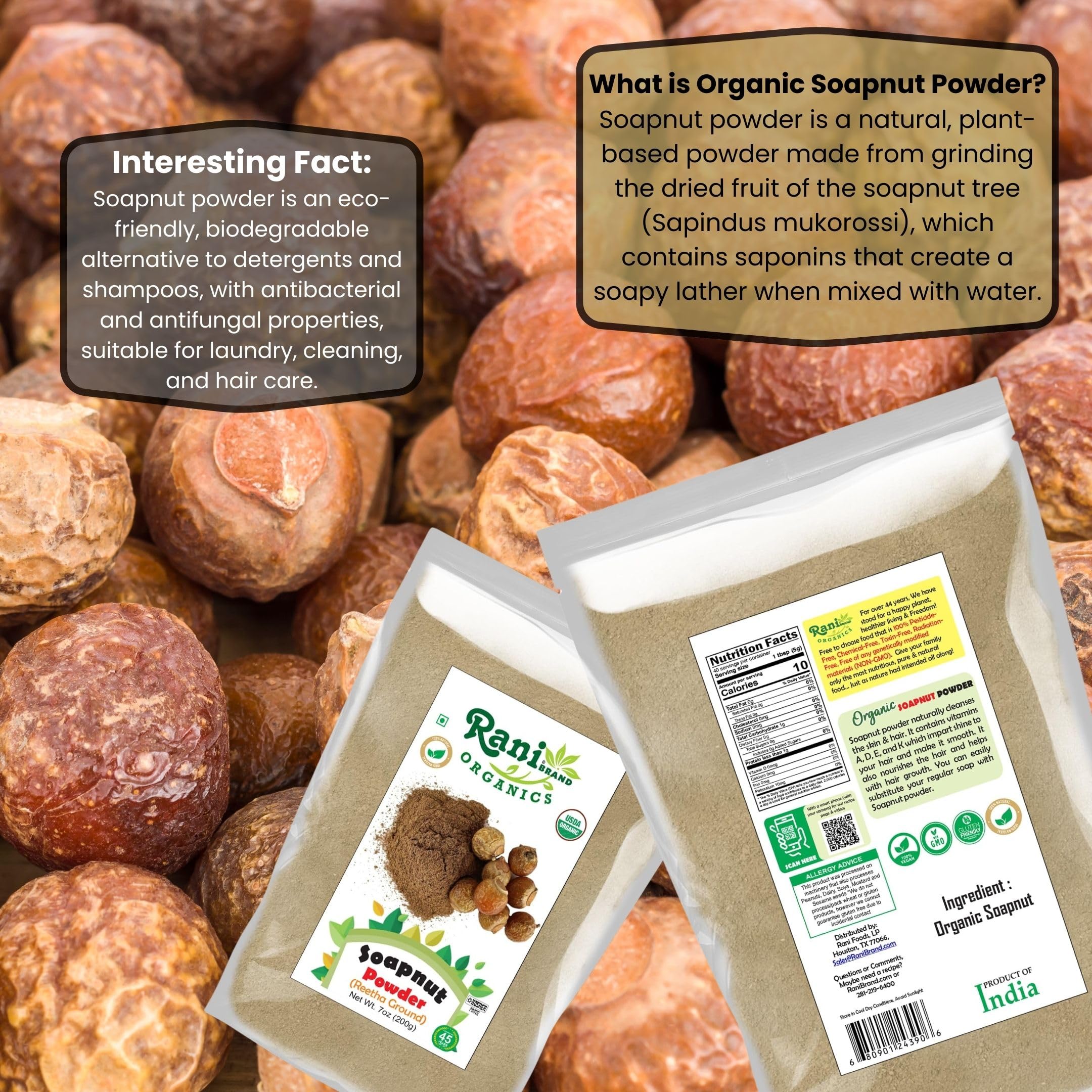 Rani Organic Soapnut Powder (Reetha Ground) 7oz (200g) ~ for Hair & Skin Care | As Laundry Deterget or Household Cleaner | All Natural | Kosher | Indian Origin | USDA Organic Certified - Image 3