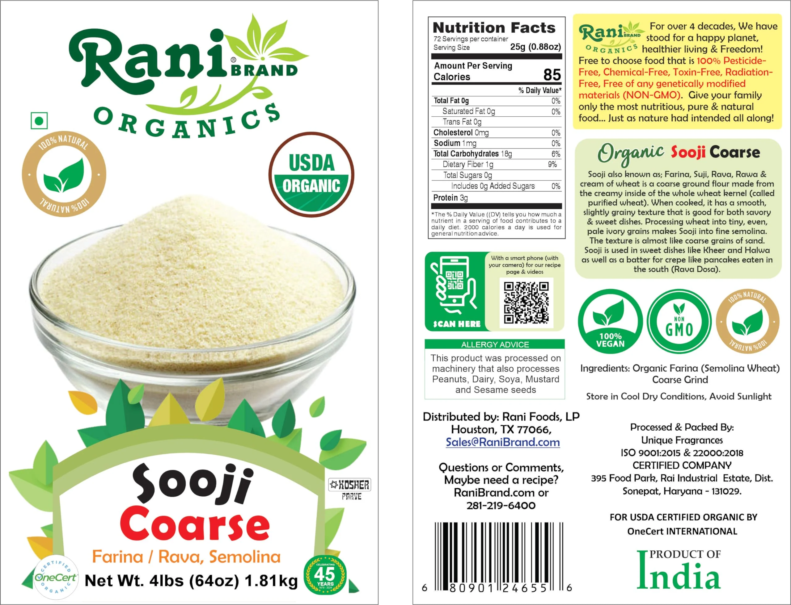 Rani Organic Sooji Coarse (Farina, Suji, Rava, Rawa, Wheat Semolina) Flour 64oz (4lbs) 1.81kg Bulk ~ All Natural | Vegan | Gluten Friendly | NON-GMO | Indian Origin | USDA Certified Organic