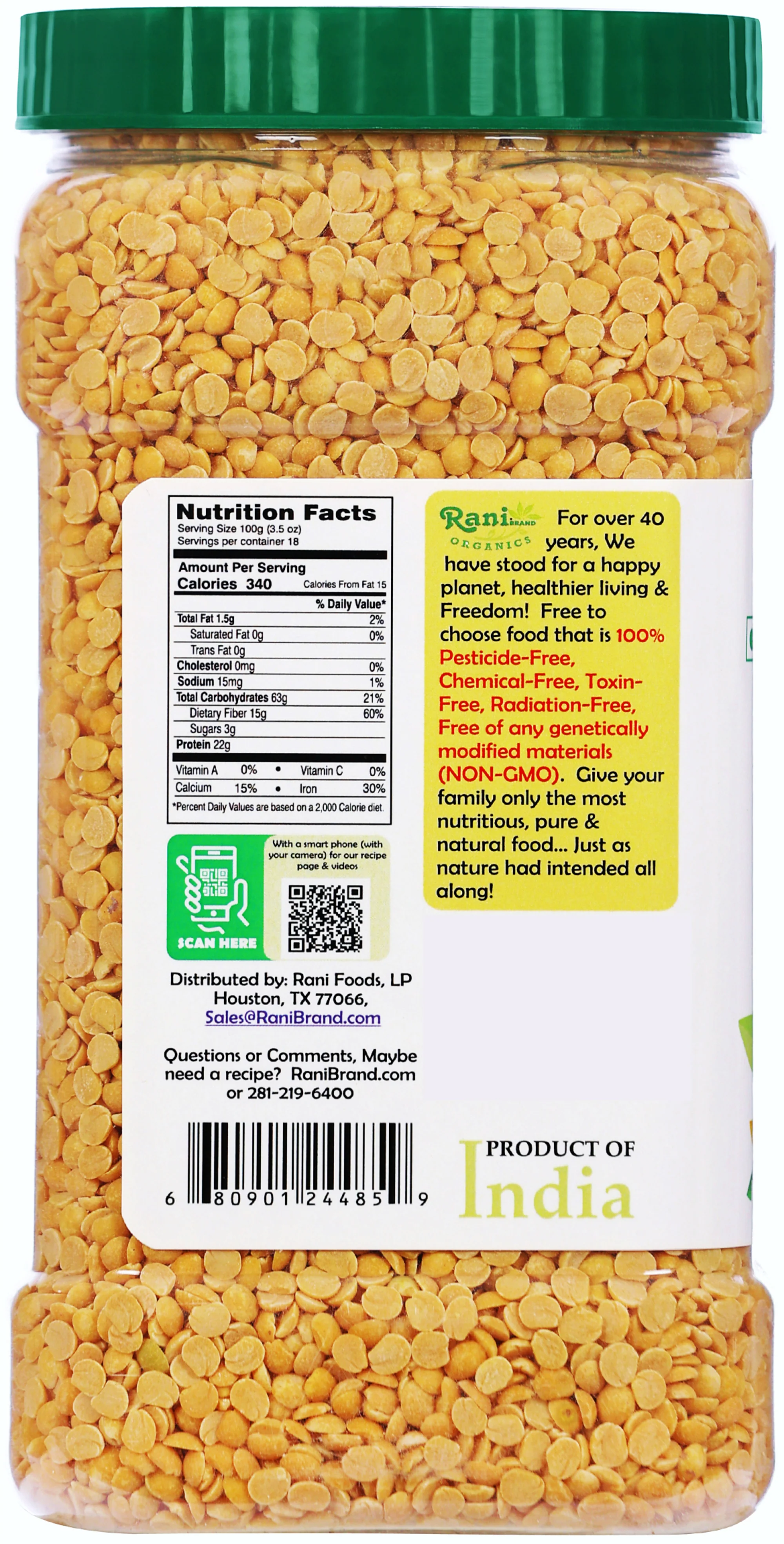 Rani Organic Toor Dal (Split Pigeon Peas) 64oz (4lbs) 1.81kg Bulk PET Jar ~ All Natural | Vegan | Gluten Friendly | NON-GMO | Indian Origin - Image 3