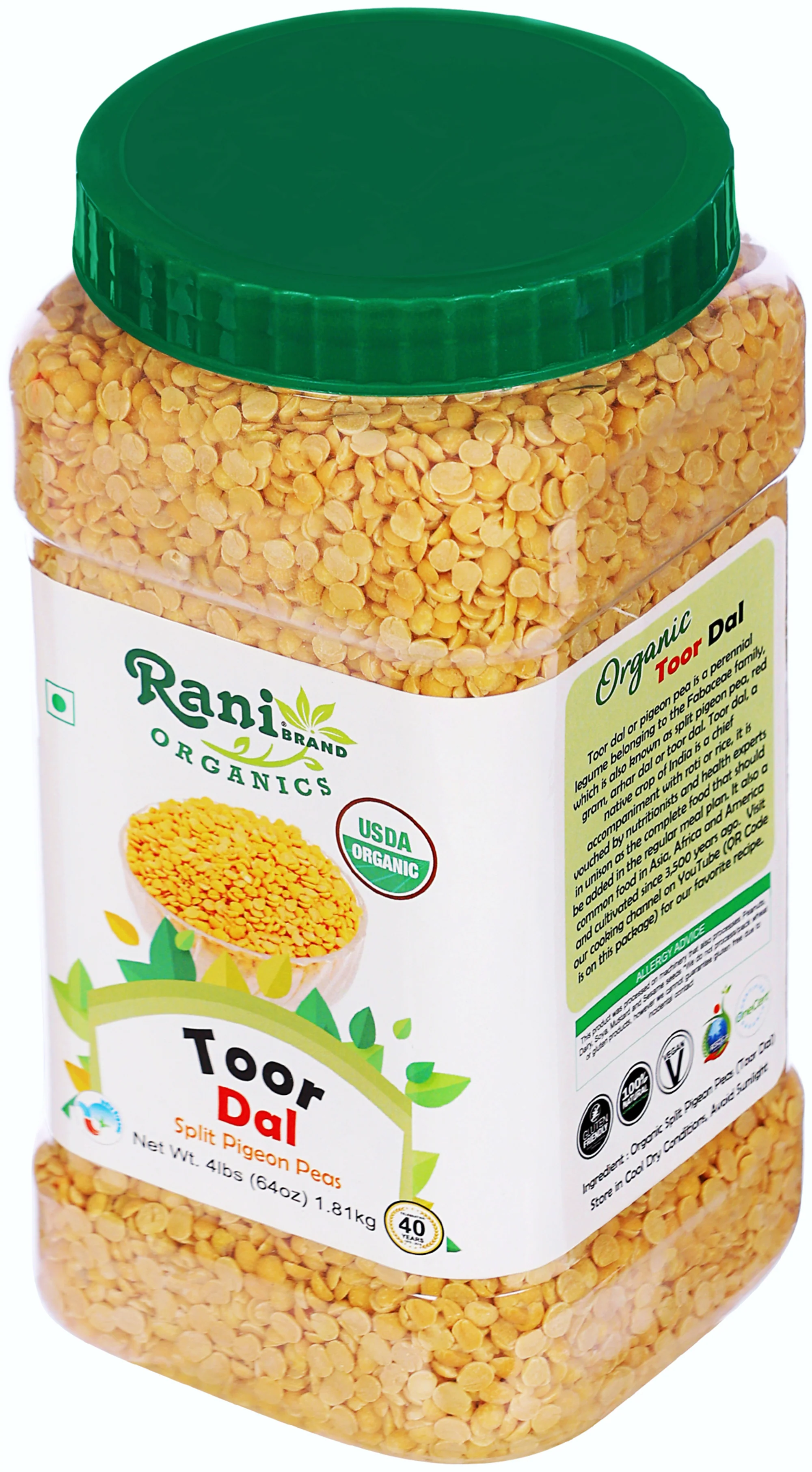 Rani Organic Toor Dal (Split Pigeon Peas) 64oz (4lbs) 1.81kg Bulk PET Jar ~ All Natural | Vegan | Gluten Friendly | NON-GMO | Indian Origin - Image 8