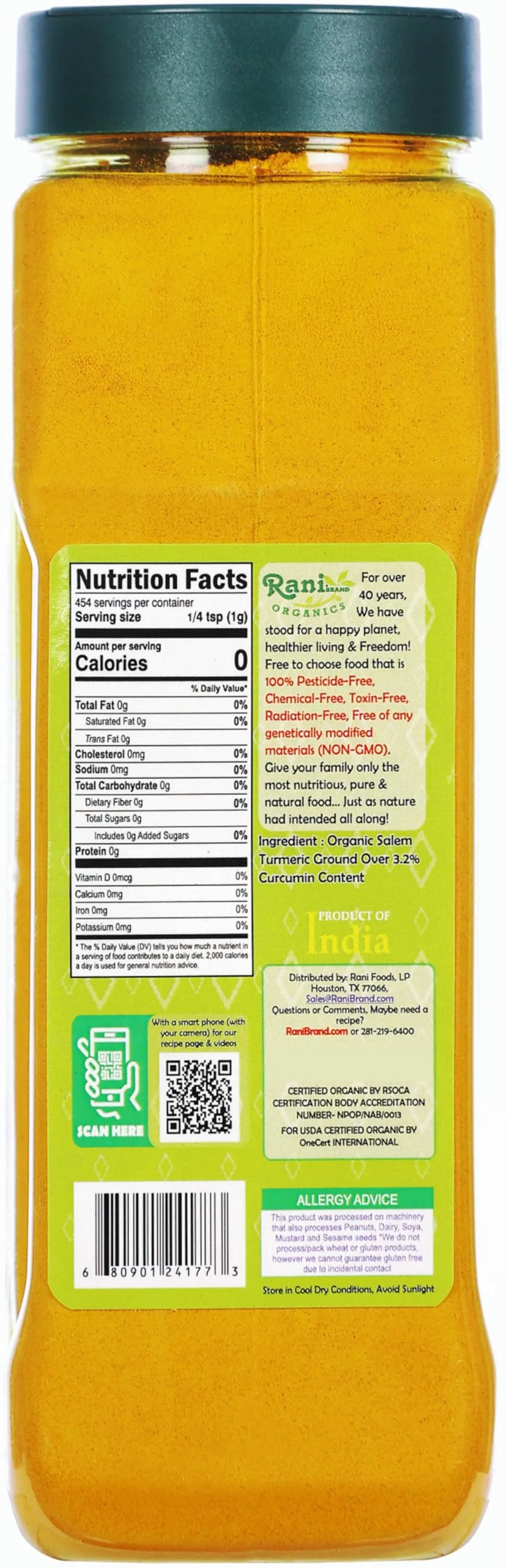 Rani Organic Turmeric (Haldi) Root Powder Spice, (High Curcumin Content) 16oz (1lb) 454g PET Jar ~ All Natural | Vegan | Gluten Friendly | NON-GMO | Kosher | Indian Origin | USDA Certified Organic - Image 2