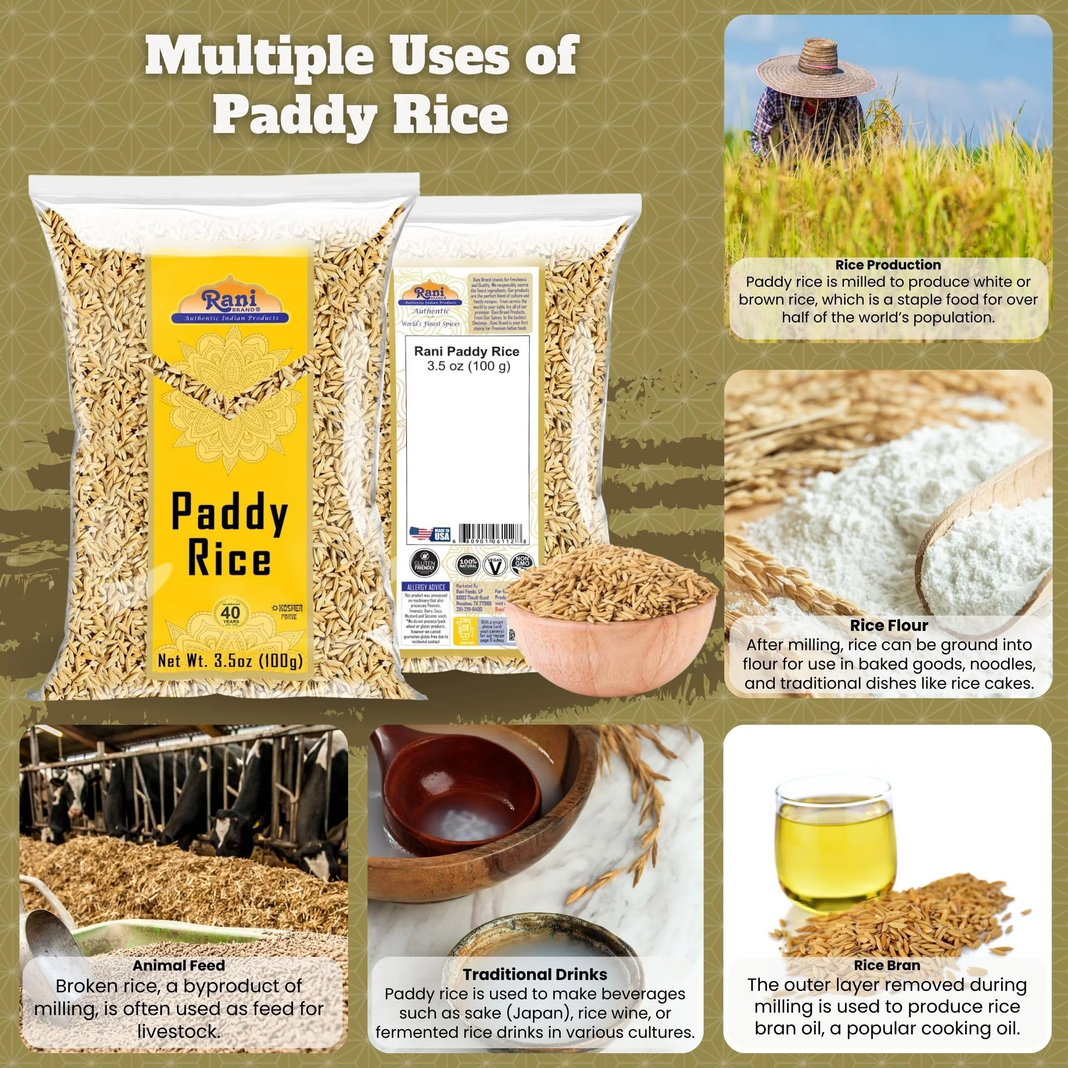 Rani Paddy Rice (Raw Unfinished Rice) 3.5oz (100g) ~ All Natural | Vegan | Gluten Friendly | NON-GMO | Kosher | Product of USA - Image 2