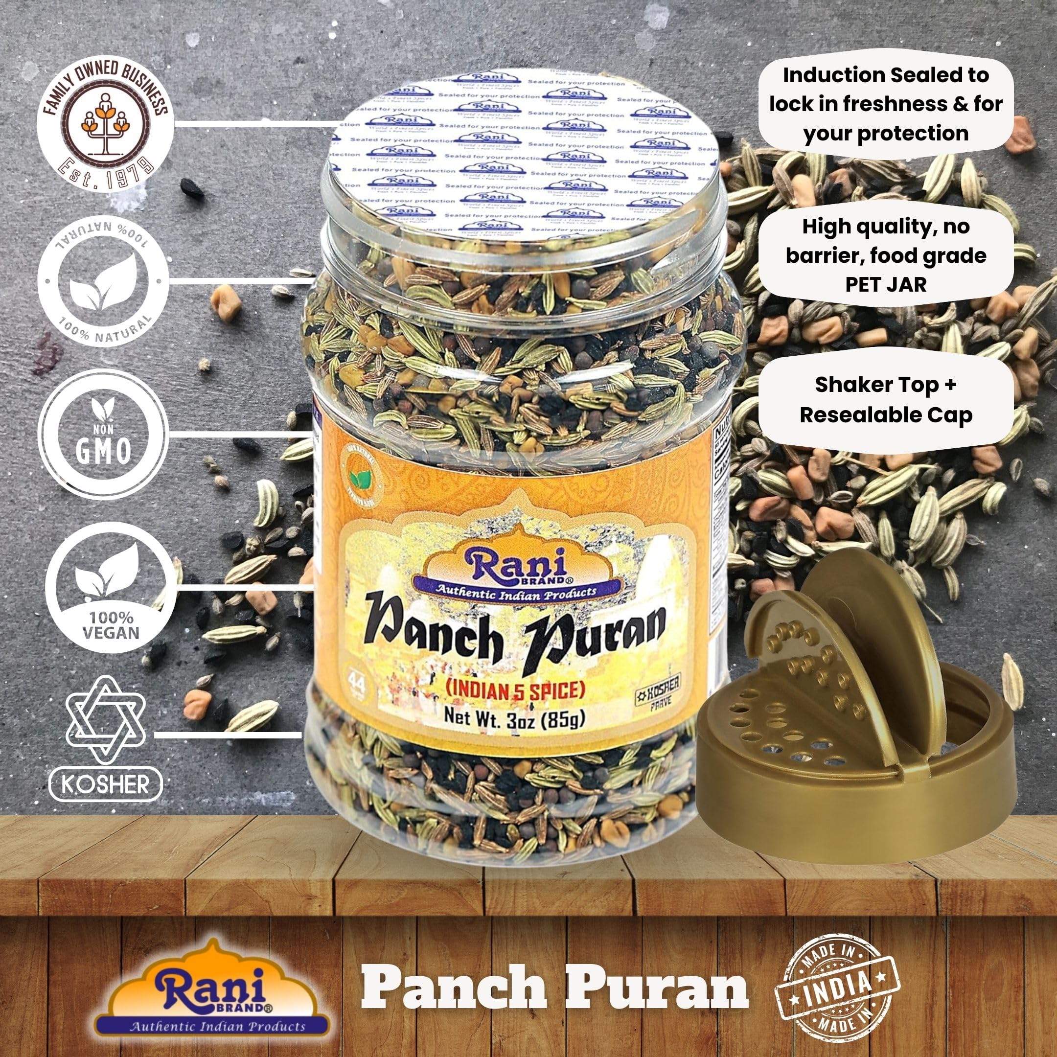 Rani Panch Puran (5 Spice) 3oz (85g) PET Jar ~ All Natural | Vegan | Gluten Friendly | NON-GMO | Kosher | Indian Origin (Equal Blend of Fenugreek, Mustard, Kalonji/Nigella, Fennel and Cumin) - Image 4