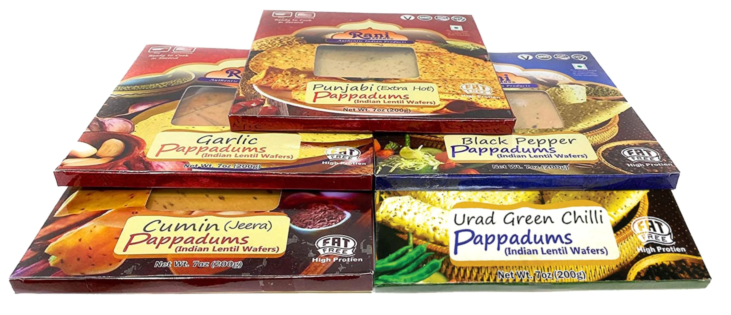 Rani Pappadums (Indian Lentil Wafer Snack) 5-Variety Papad Pack (Green Chilli, Garlic, Cumin, Extra Hot, Black Pepper) 7oz (200g) Approximately 15pc, 7 inches ~ All Natural | Gluten Friendly | NON-GMO - Image 3