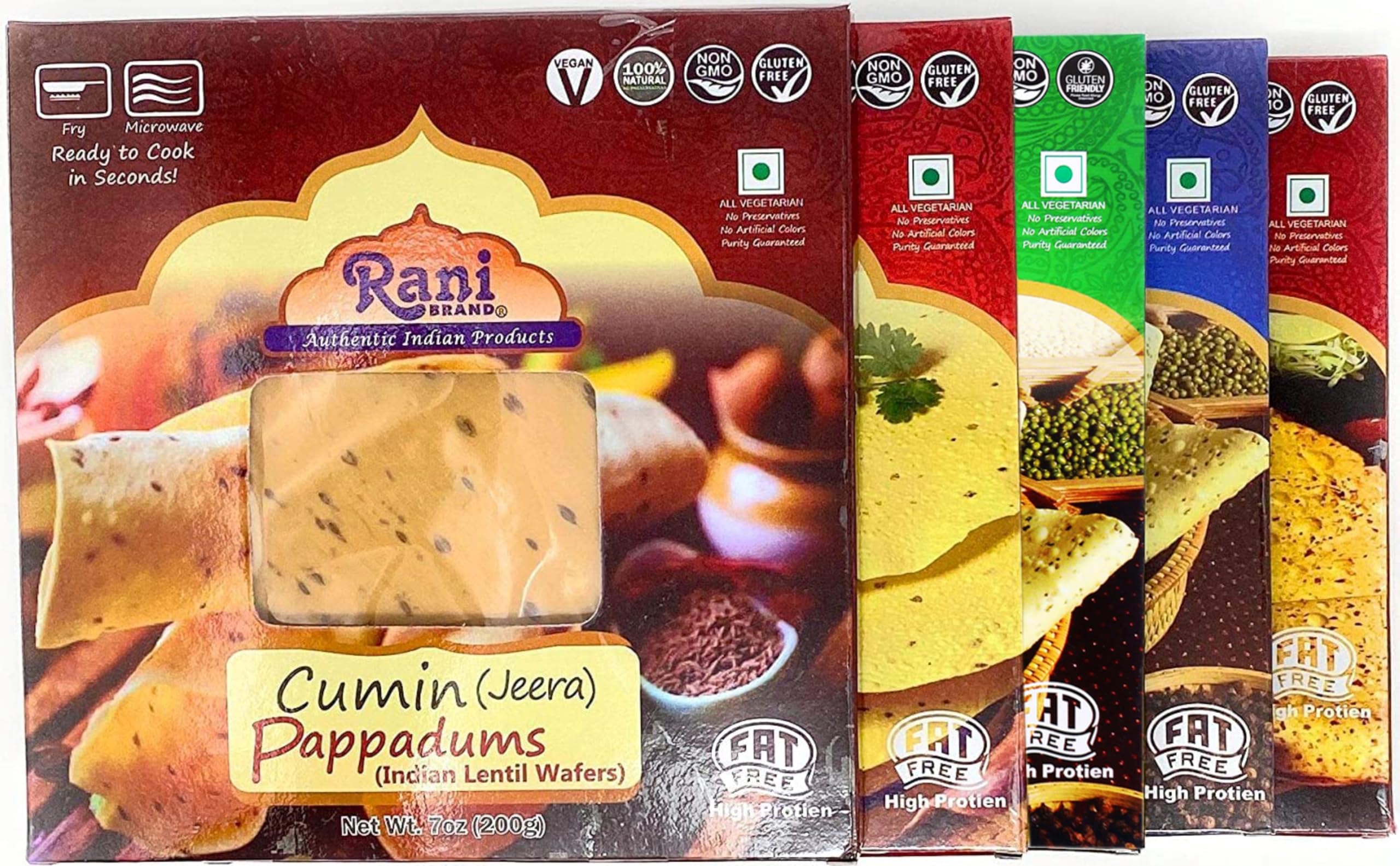 Rani Pappadums (Indian Lentil Wafer Snack) 5-Variety Papad Pack (Green Chilli, Garlic, Cumin, Extra Hot, Black Pepper) 7oz (200g) Approximately 15pc, 7 inches ~ All Natural | Gluten Friendly | NON-GMO - Image 4