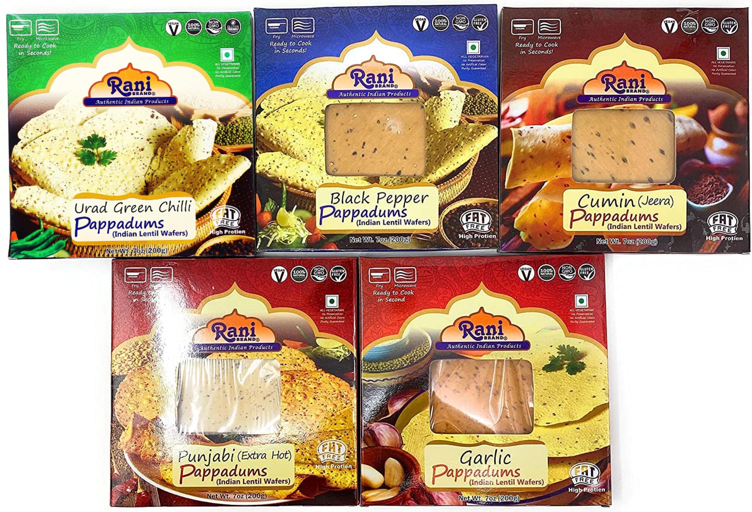 Rani Pappadums (Indian Lentil Wafer Snack) 5-Variety Papad Pack (Green Chilli, Garlic, Cumin, Extra Hot, Black Pepper) 7oz (200g) Approximately 15pc, 7 inches ~ All Natural | Gluten Friendly | NON-GMO - Image 5