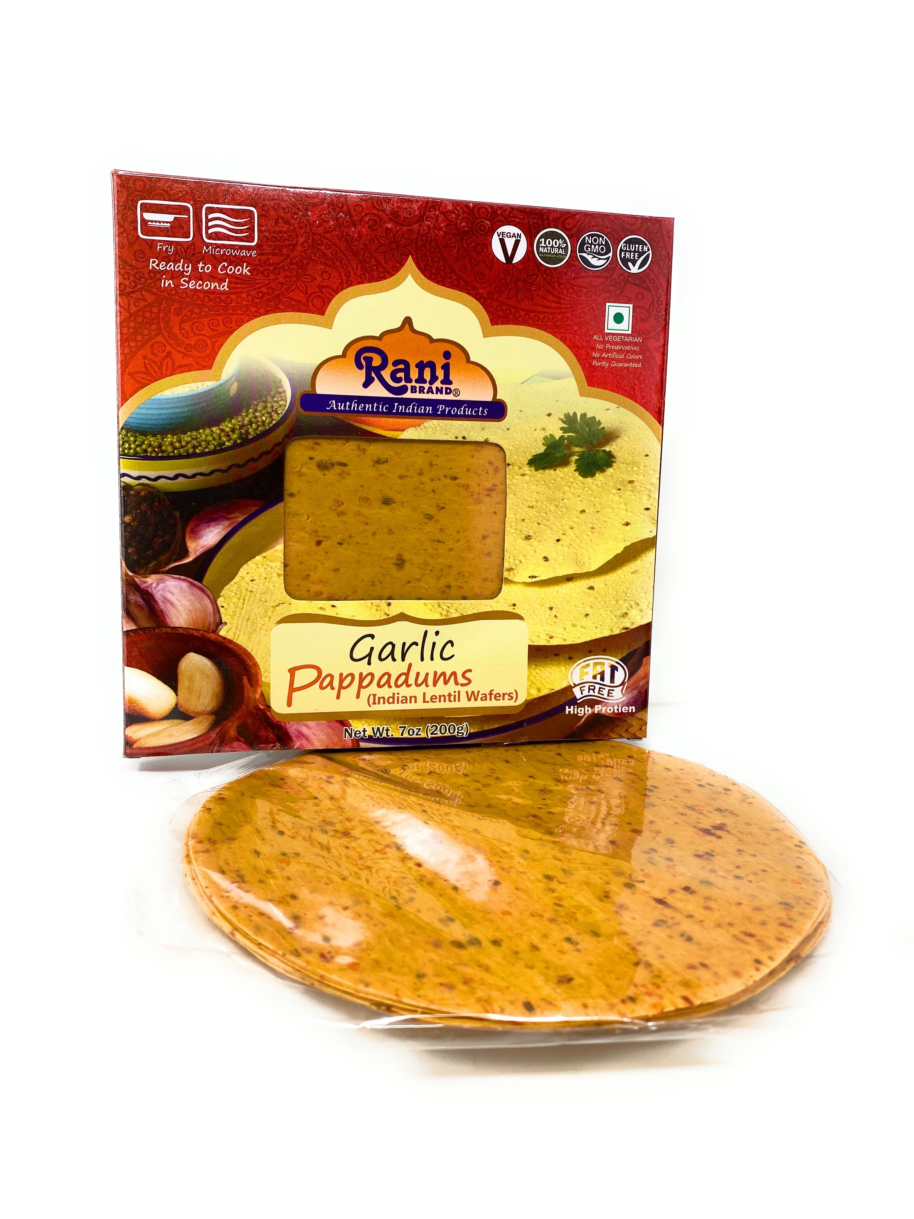 Rani Pappadums (Indian Lentil Wafer Snack) Garlic Papad 7oz (200g) Approximately 15pc, 7 inches ~ All Natural | Gluten Friendly | NON-GMO | Vegan | Indian Origin - Image 4