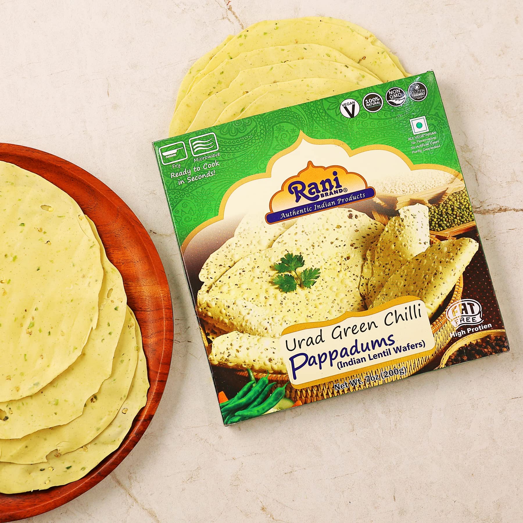 Rani Pappadums (Indian Lentil Wafer Snack) Green Chilli Papad 7oz (200g) Approximately 15pc, 7 inches ~ All Natural | Gluten Friendly | NON-GMO | Vegan | Indian Origin - Image 4