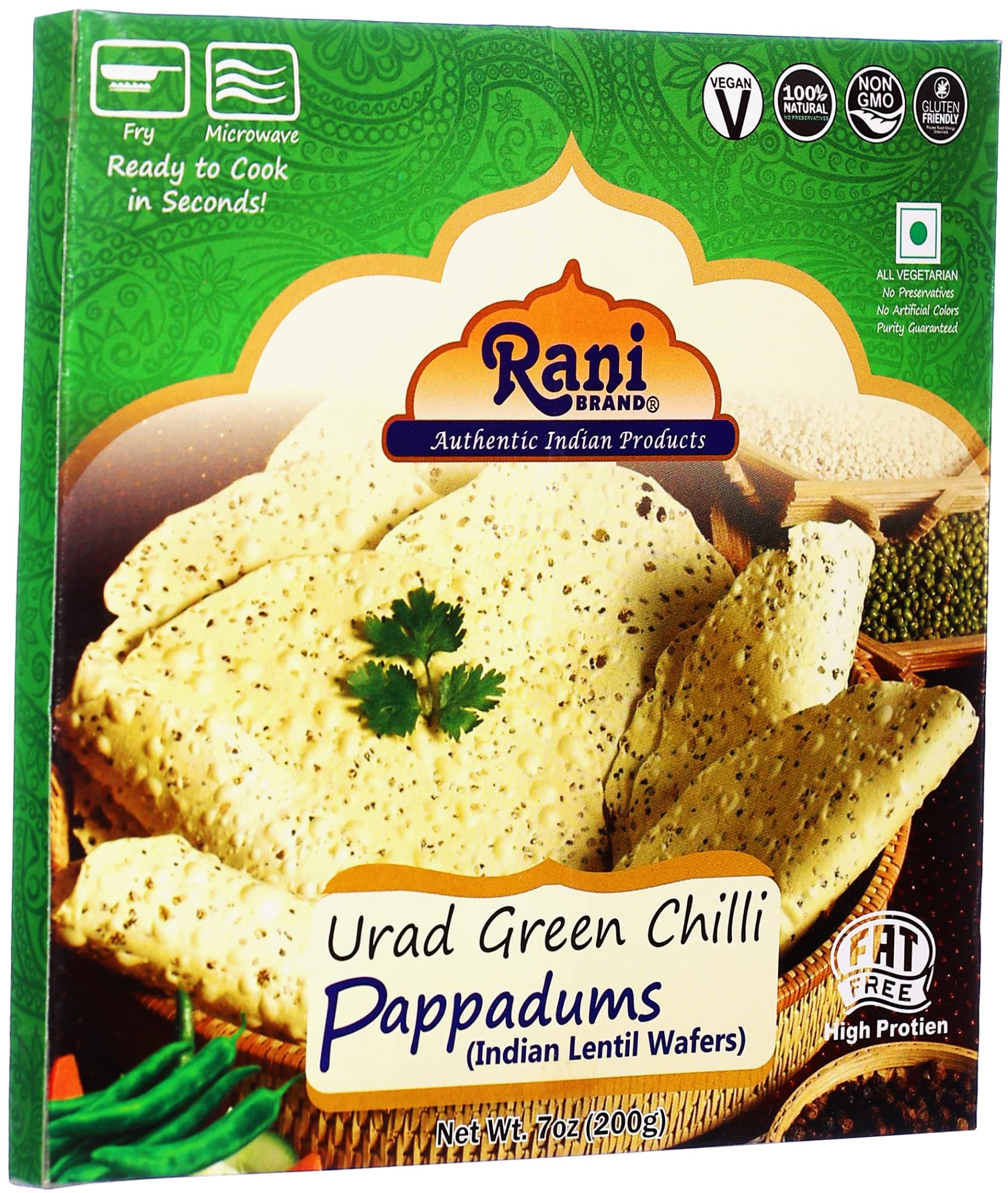 Rani Pappadums (Indian Lentil Wafer Snack) Green Chilli Papad 7oz (200g) Approximately 15pc, 7 inches ~ All Natural | Gluten Friendly | NON-GMO | Vegan | Indian Origin - Image 7