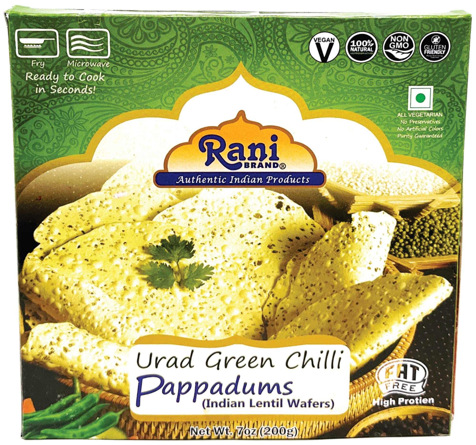 Rani Pappadums (Indian Lentil Wafer Snack) Green Chilli Papad 7oz (200g) Approximately 15pc, 7 inches, Pack of 2 ~ All Natural | Gluten Friendly | NON-GMO | Vegan | Indian Origin - Image 3