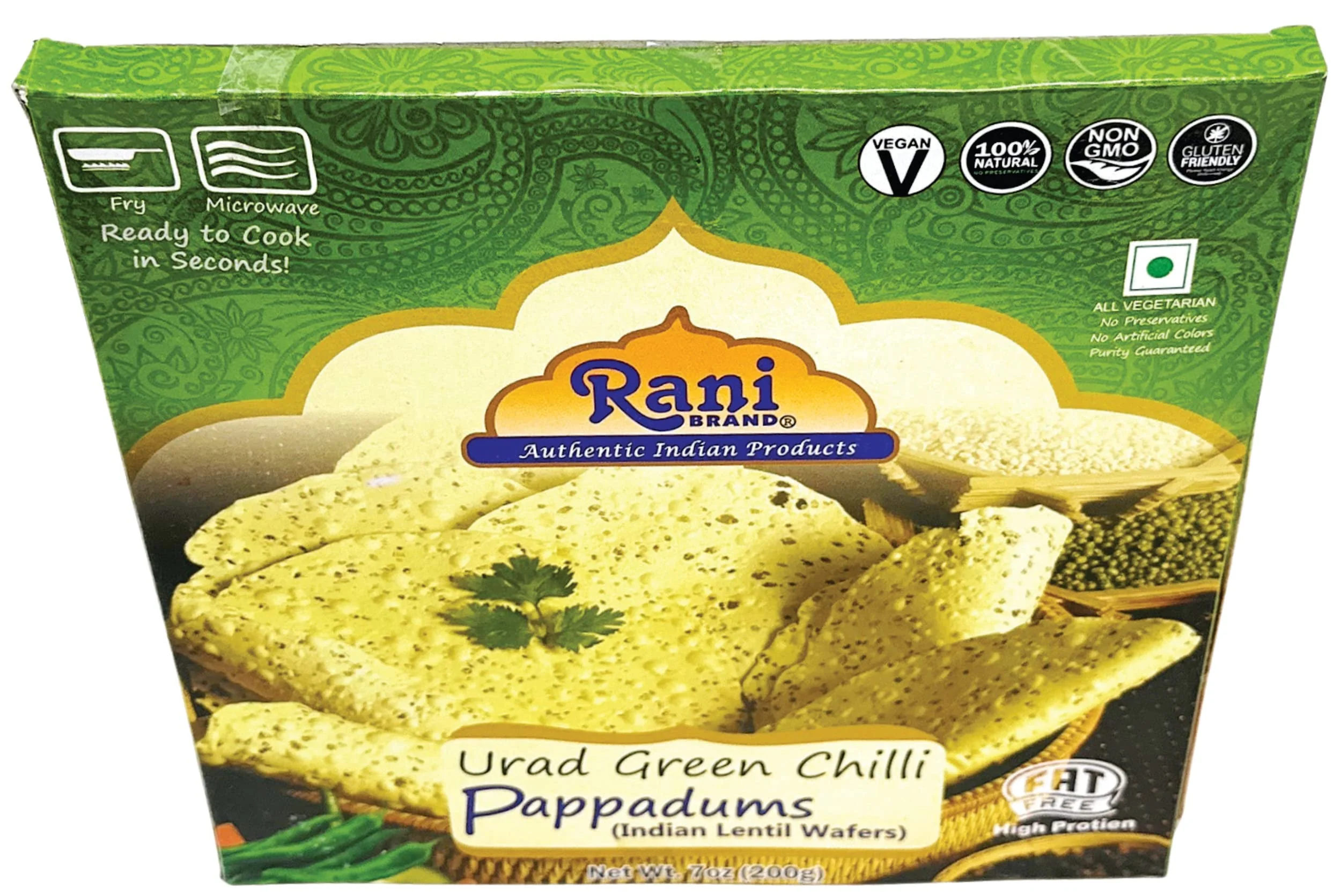 Rani Pappadums (Indian Lentil Wafer Snack) Green Chilli Papad 7oz (200g) Approximately 15pc, 7 inches, Pack of 2 ~ All Natural | Gluten Friendly | NON-GMO | Vegan | Indian Origin - Image 6