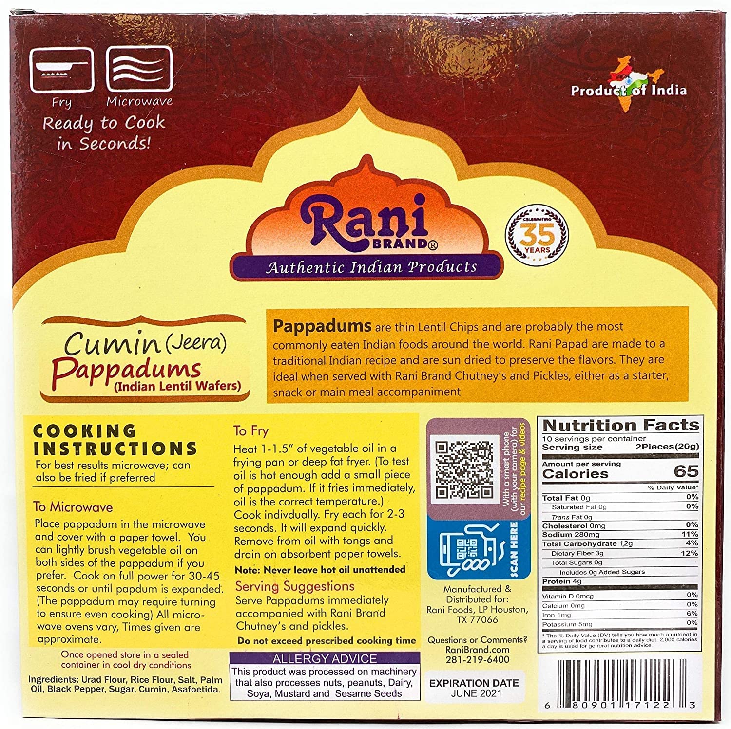 Rani Pappadums (Indian Lentil Wafer Snack) Jeera (Cumin) Papad 7oz (200g) Approximately 15pc, 7 inches, Pack of 2 ~ All Natural | Gluten Friendly - Image 2