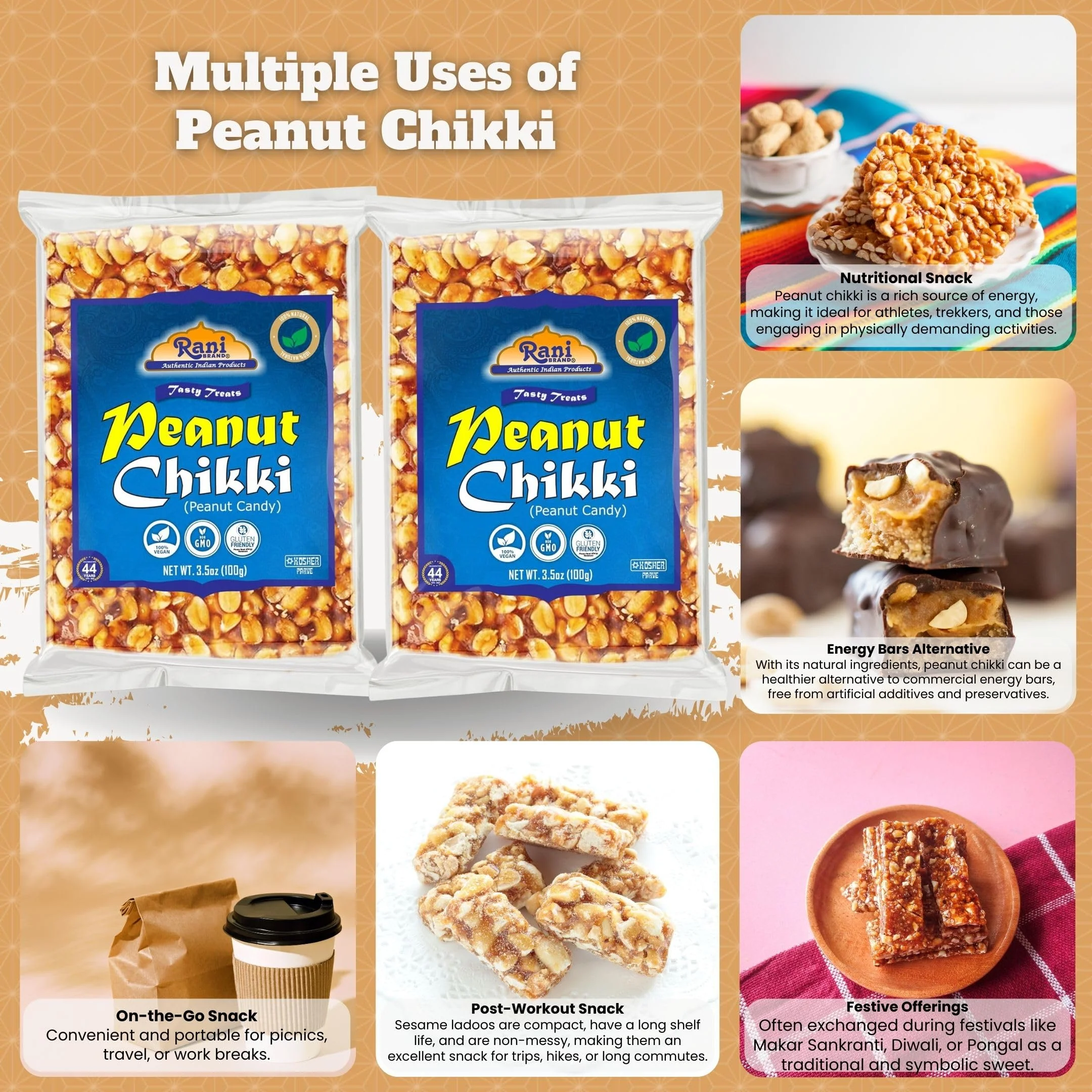 Rani Peanut Chikki (Brittle Candy) 100g (3.5oz) x Pack of 2 ~ All Natural | Vegan | Kosher | No colors | Gluten Friendly | Indian Origin - Image 2