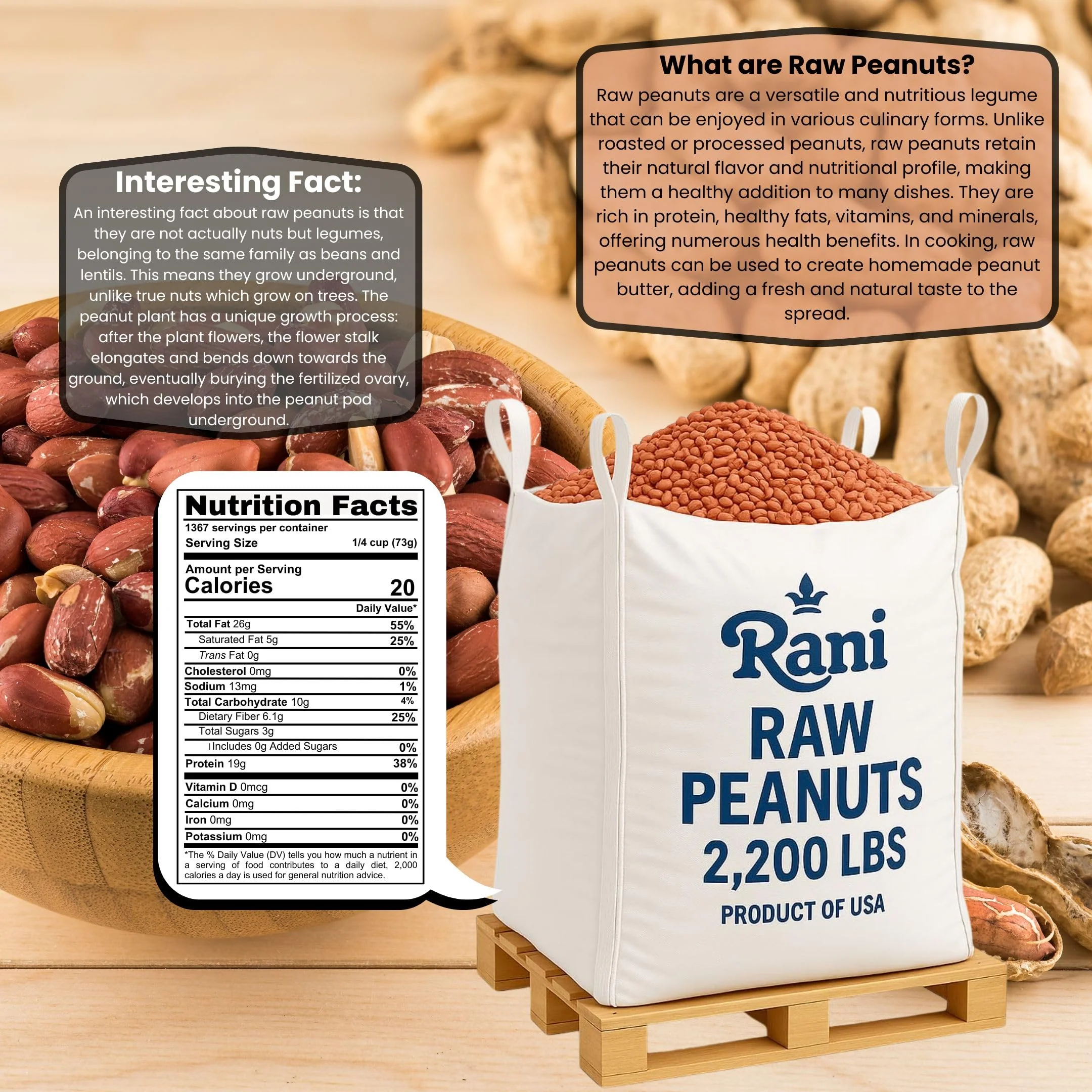 Rani Peanuts, Raw Whole With Skin (uncooked, unsalted) 2200lbs (35200oz) 998kg Super Sack ~ All Natural | Vegan | Gluten Friendly | Fresh Product of USA ~ Spanish Grade Groundnut/Red-skin - Image 3