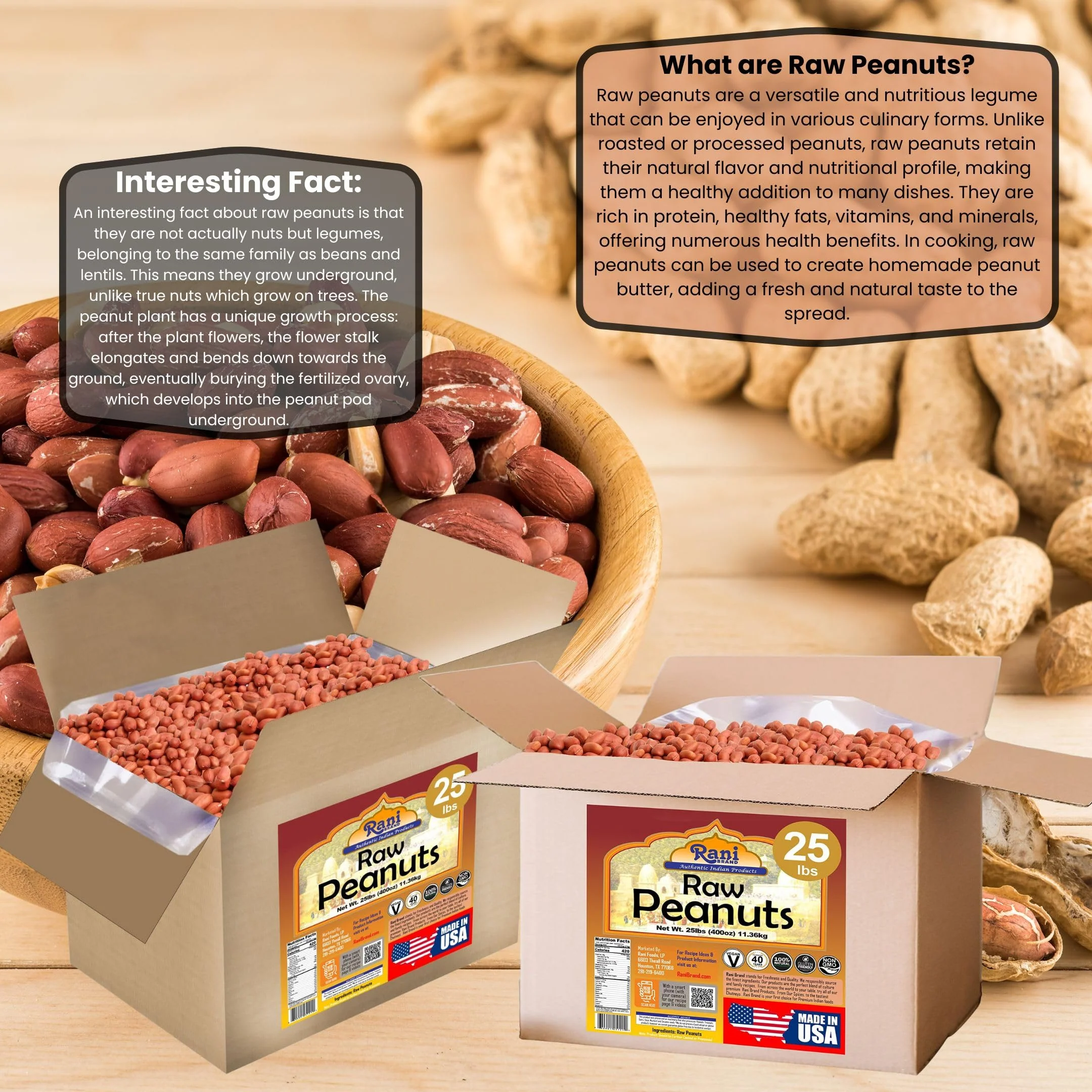 Rani Peanuts, Raw Whole With Skin (uncooked, unsalted) 25lbs (400oz) Bulk Box, 80 cases per Pallet ~ All Natural | Vegan | Gluten Friendly | Fresh Product of USA ~ Spanish Grade Groundnut/Red-skin - Image 3
