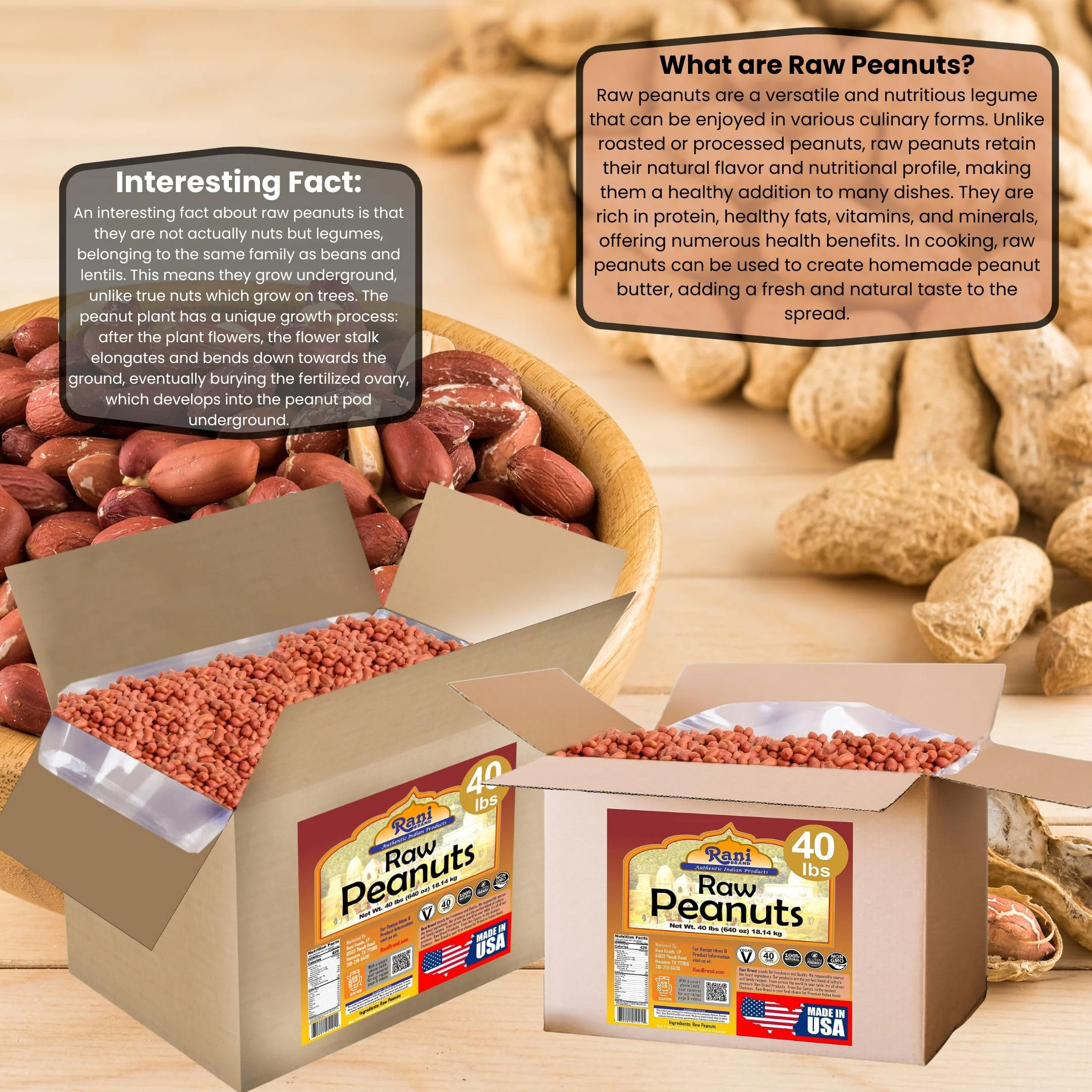 Rani Peanuts, Raw Whole With Skin (uncooked, unsalted) 40lbs (600oz) Bulk Box, 50 cases per Pallet ~ All Natural | Vegan | Gluten Friendly | Fresh Product of USA ~ Spanish Grade Groundnut/Red-skin - Image 3