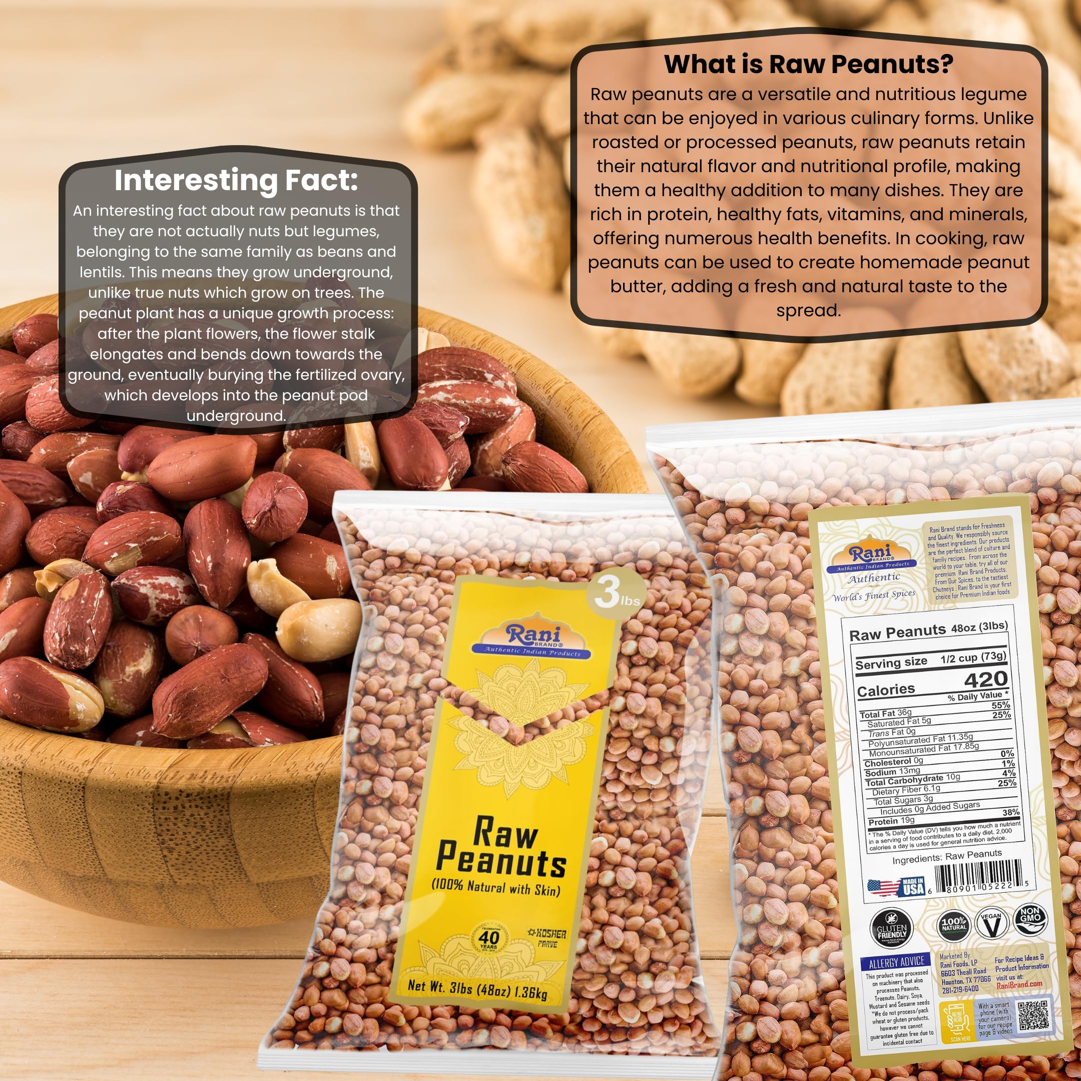 Rani Peanuts, Raw Whole With Skin (uncooked, unsalted) 48oz (3lbs) 1.36kg Bulk ~ All Natural | Vegan | Gluten Friendly | Kosher | Fresh Product of USA ~ Spanish Grade Groundnut / Red-skin - Image 3