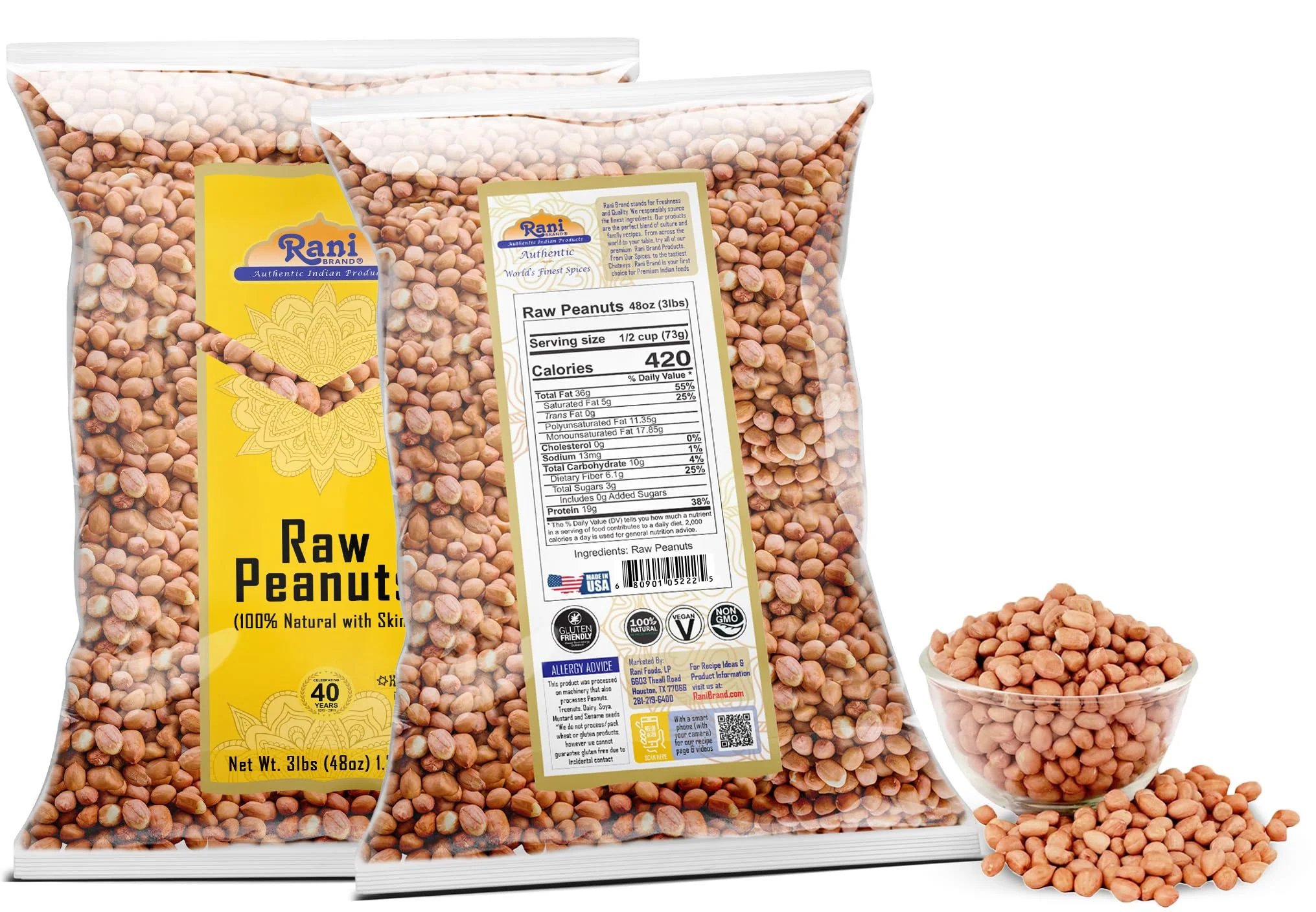 Rani Peanuts, Raw Whole With Skin (uncooked, unsalted) 48oz (3lbs) 1.36kg Bulk ~ All Natural | Vegan | Gluten Friendly | Kosher | Fresh Product of USA ~ Spanish Grade Groundnut / Red-skin - Image 6