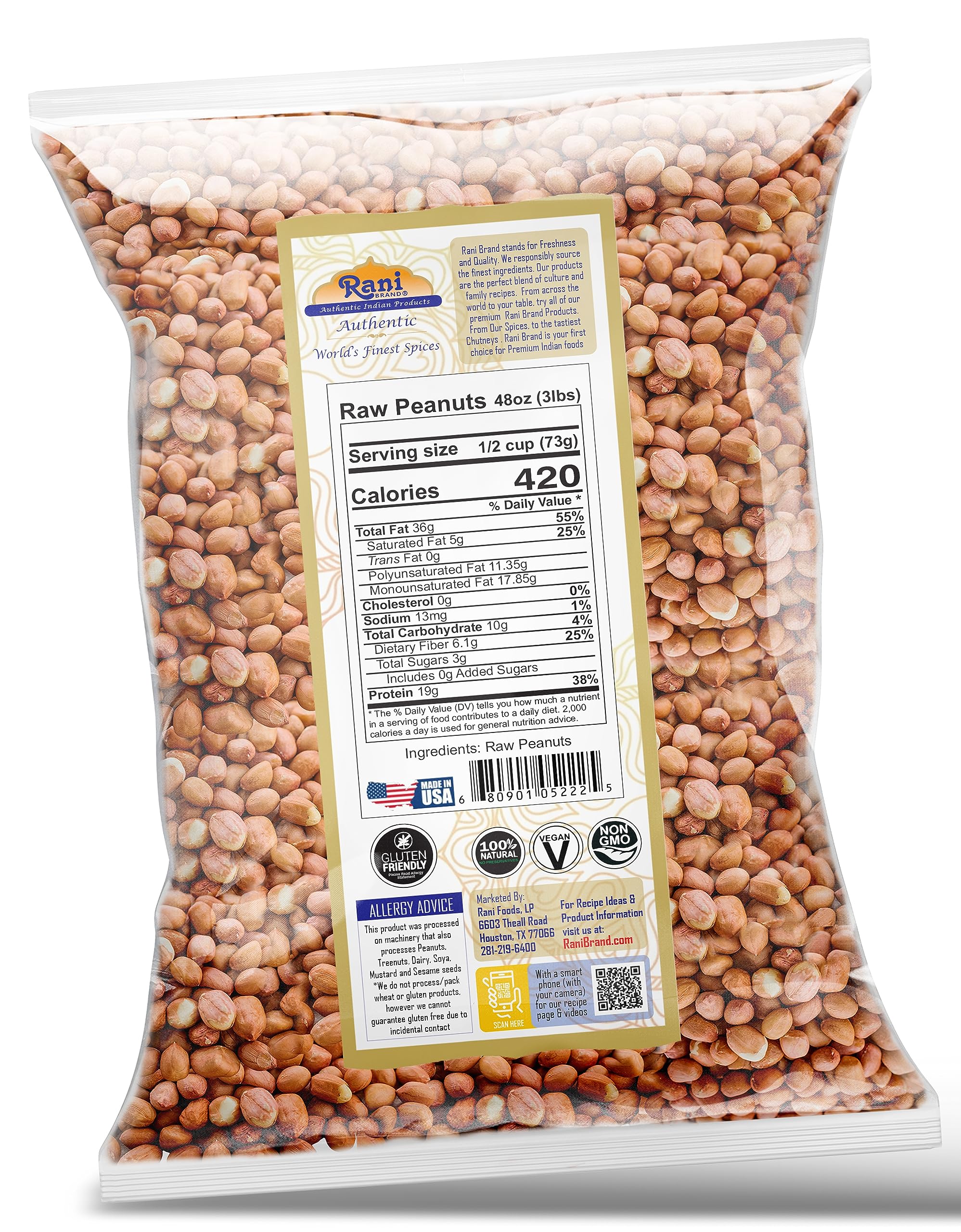 Rani Peanuts, Raw Whole With Skin (uncooked, unsalted) 48oz (3lbs) 1.36kg Bulk ~ All Natural | Vegan | Gluten Friendly | Kosher | Fresh Product of USA ~ Spanish Grade Groundnut / Red-skin - Image 7