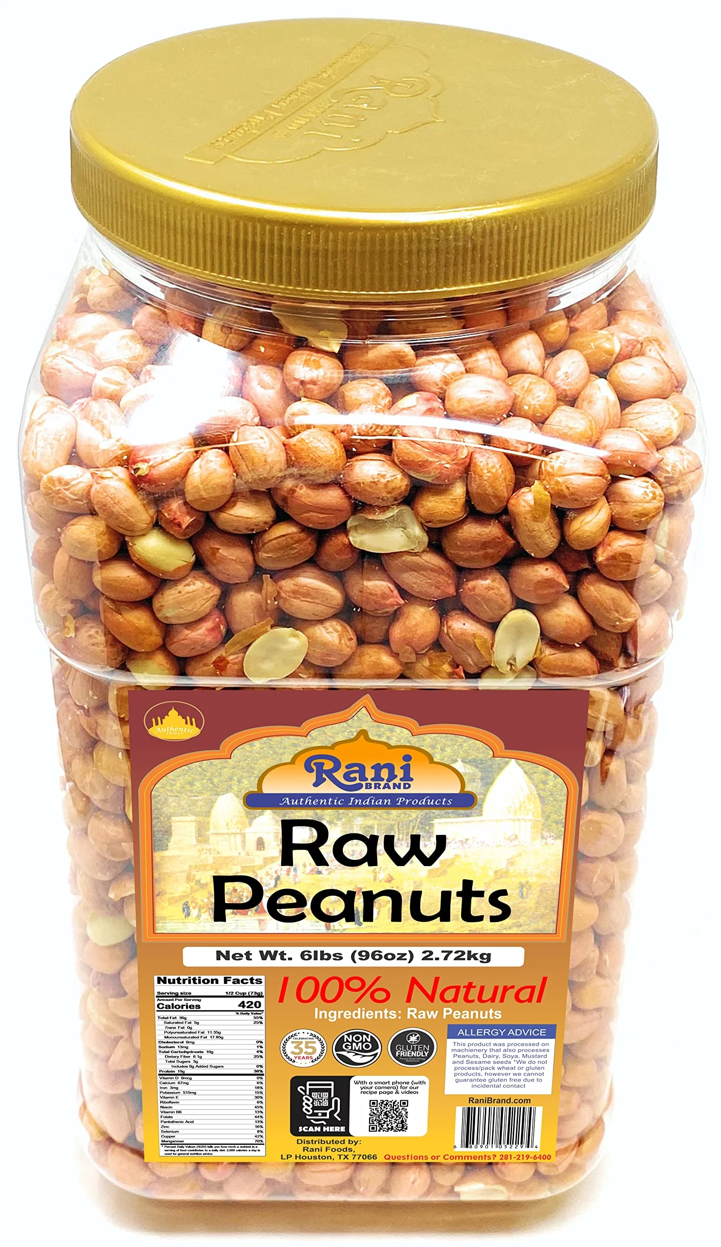 Rani Peanuts, Raw Whole With Skin (uncooked, unsalted) 96oz (6lbs) 2.72kg Bulk PET Jar ~ All Natural | Vegan | Gluten Friendly | Fresh Product of USA ~ Spanish Grade Groundnut / Red-skin - Image 4