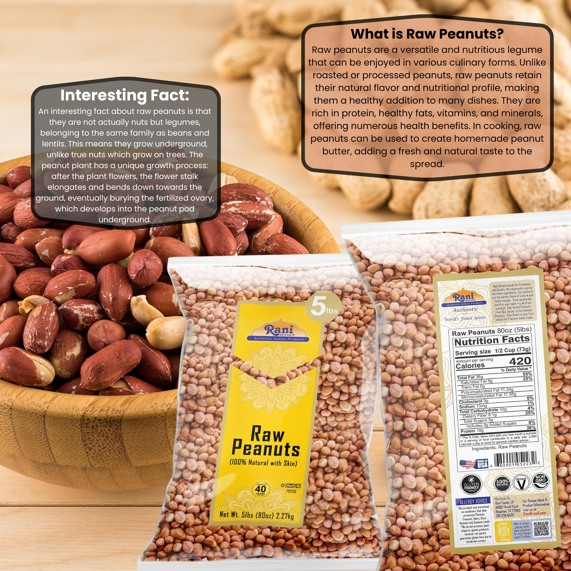 Rani Peanuts, Raw Whole With Skin (uncooked, unsalted) 80oz (5lbs) 2.27kg Bulk ~ All Natural | Vegan | Kosher | Gluten Friendly | Fresh Product of USA - Image 3