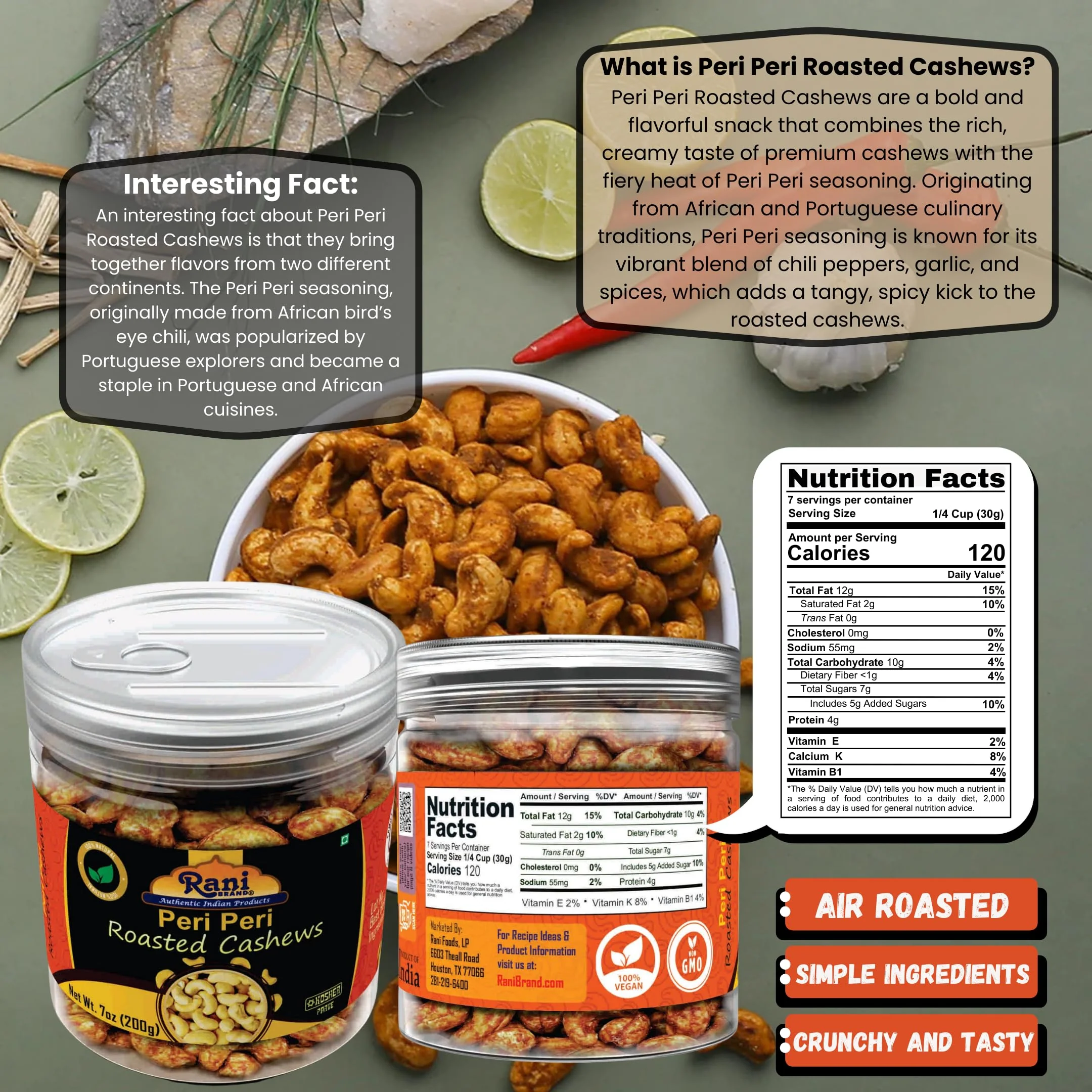 Rani Peri Peri Roasted Cashews 7oz (200g) PET Jar, Non-Fried, Oil Free ~ All Natural | Vegan | Gluten Friendly | NON-GMO | Kosher | Air Roasted, Crunchy & Flavorful - Image 3