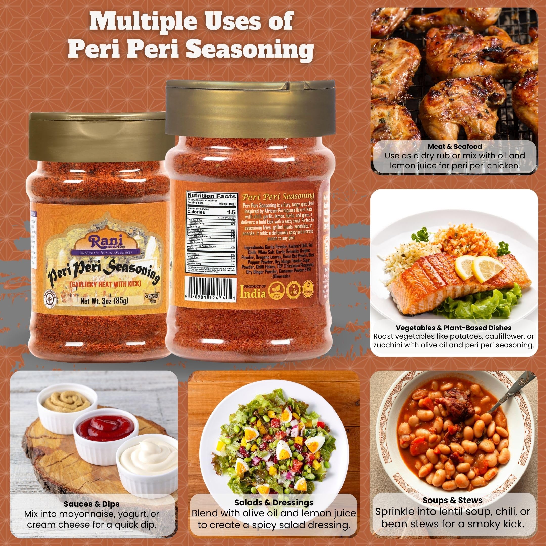 Rani Peri Peri Seasoning (Garlicky Heat with Kick) 3oz (85g) PET Jar ~ Shaker Top | All Natural | Vegan | Gluten Friendly | NON-GMO | Indian Origin - Image 2
