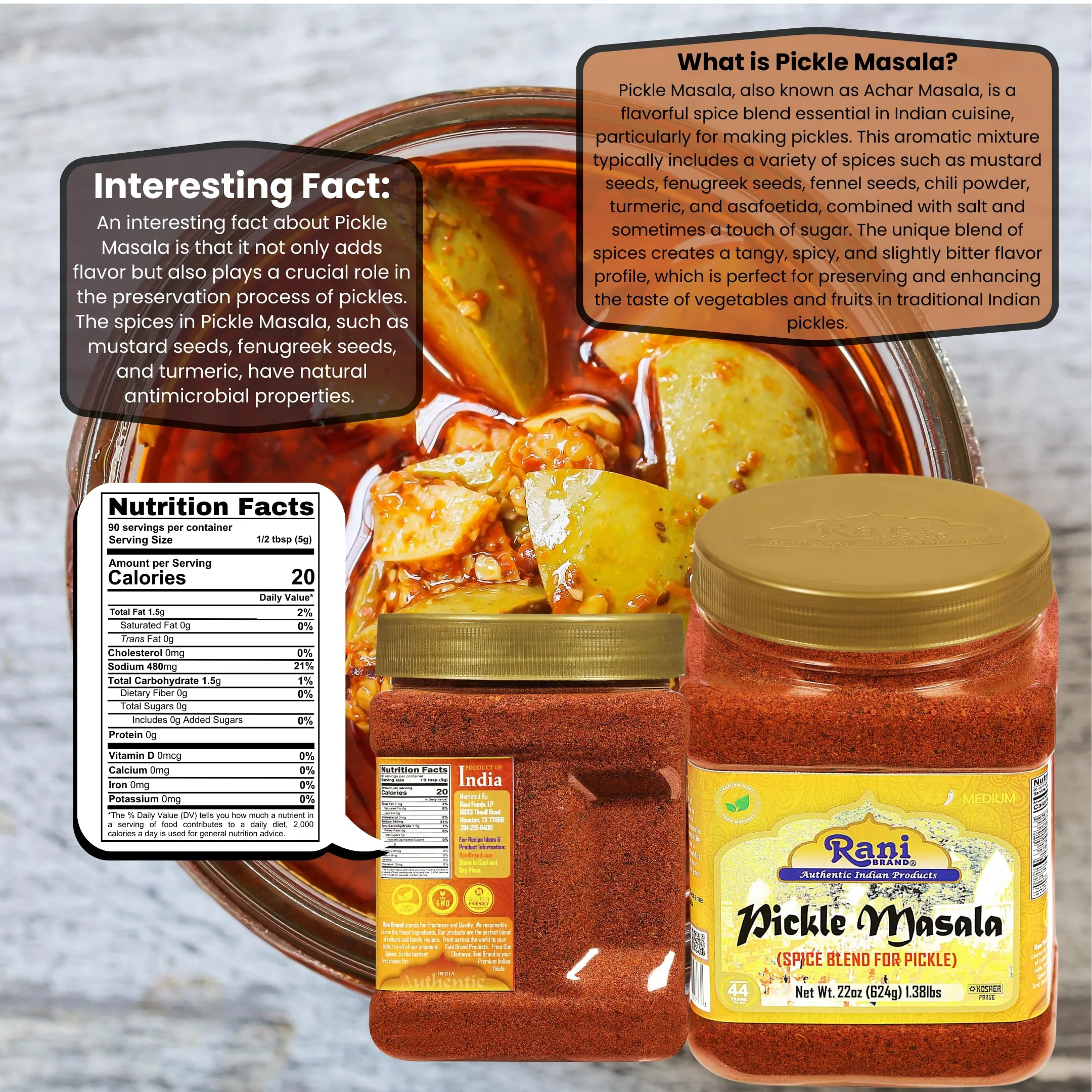Rani Pickle (Achar) Masala Indian Spice Blend 22oz (1.375lbs) 624g PET Jar ~ Vegan | Gluten Friendly | NON-GMO | No colors | Kosher | Indian Origin - Image 3