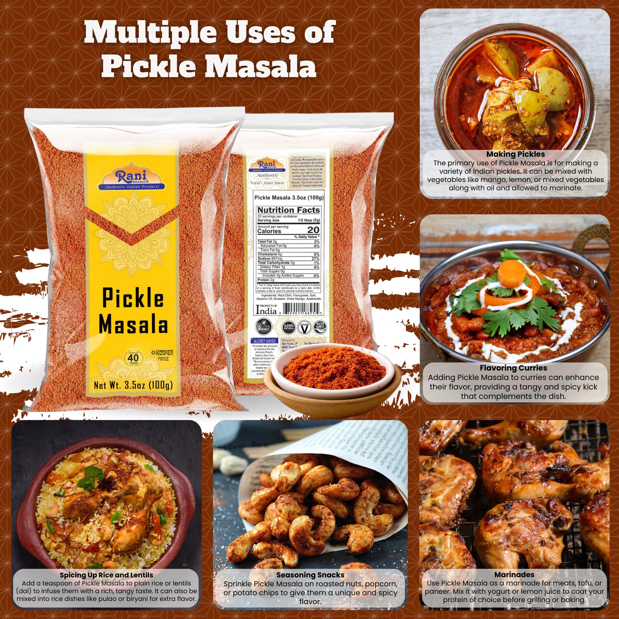 Rani Pickle (Achar) Masala Indian Spice Blend 3.5oz (100g) ~ All Natural | Vegan | Gluten Friendly | NON-GMO | Kosher | No colors | Indian Origin - Image 2