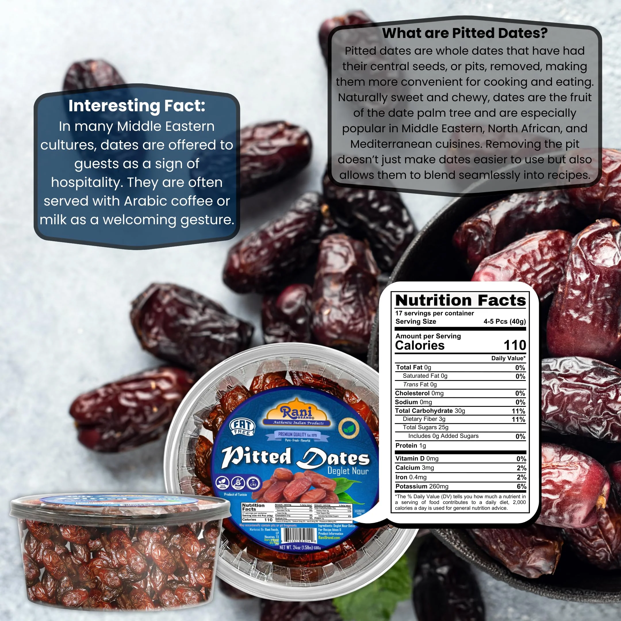 Rani Pitted Dates (Deglet Nour) Raw Dried Fruit 24oz (1.5lbs) 680g, Pack of 2 ~ All Natural | Fat-free | No added Sugar | Vegan | Gluten Friendly | Non-GMO | Kosher | Product of Tunisia - Image 3