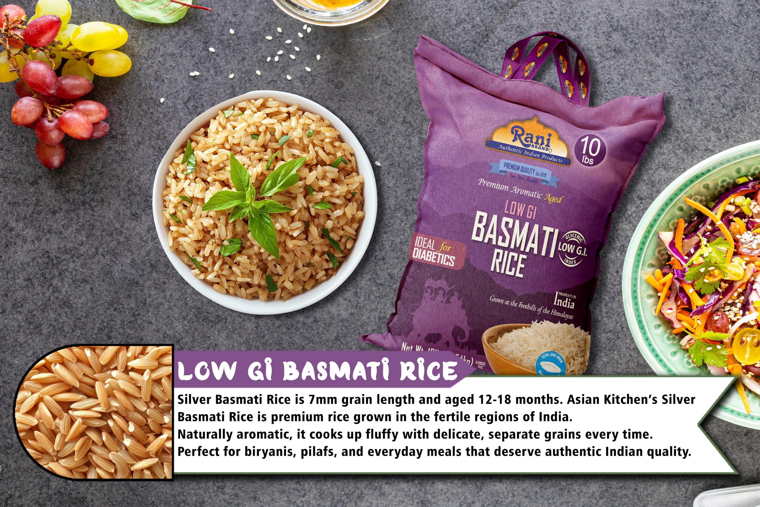 Rani White Basmati Rice Low GI (Glycemic Index) Extra Long Aged, Ideal for Diabetics, 10lbs (160oz) Pack of 4 Cloth Bag ~ All Natural | Gluten Free | Vegan | Indian Origin | Export Quality - Image 6