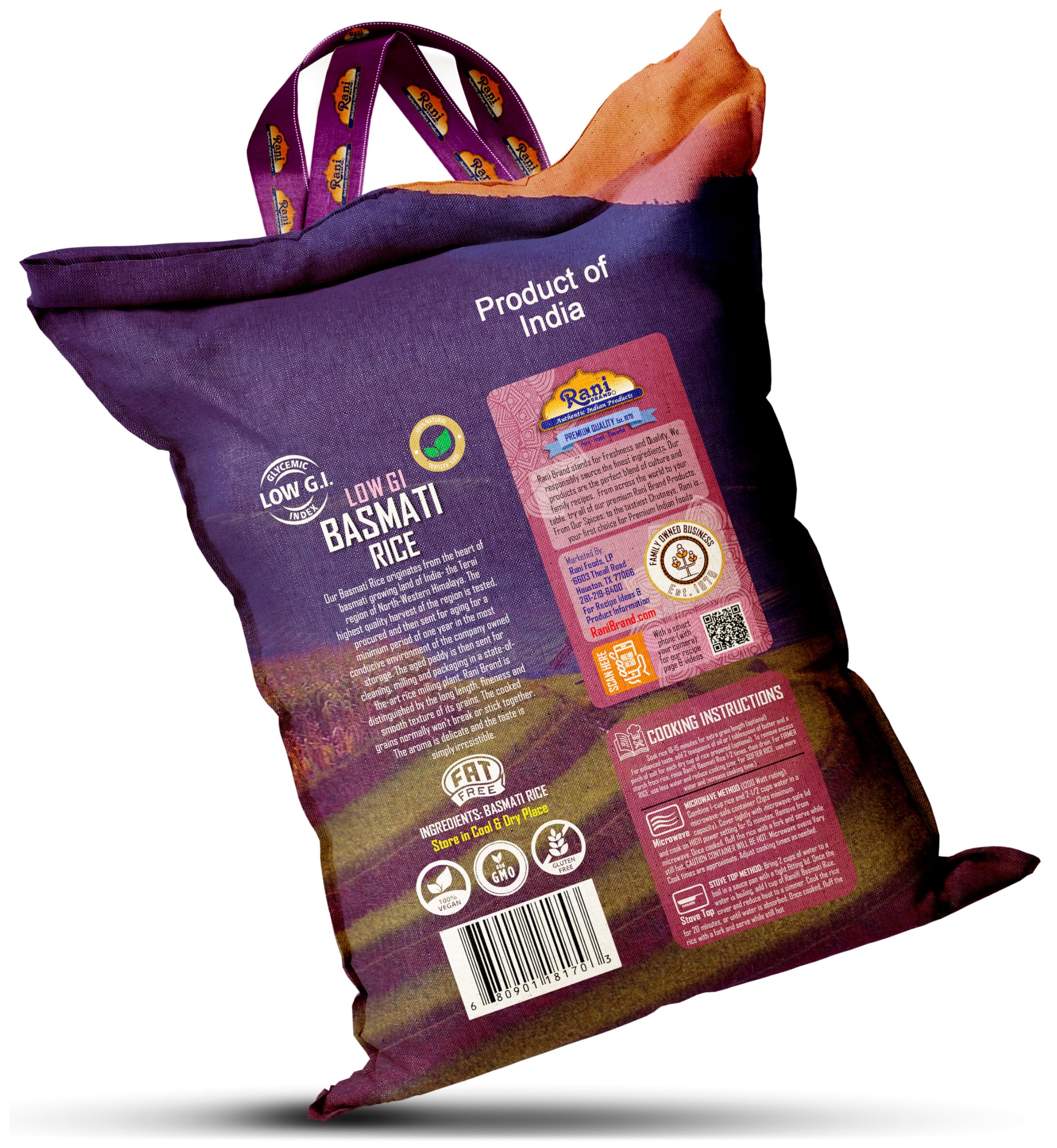 Rani White Basmati Rice Low GI (Glycemic Index) Extra Long Aged, Ideal for Diabetics, 10lbs (160oz) Pack of 4 Cloth Bag ~ All Natural | Gluten Free | Vegan | Indian Origin | Export Quality - Image 8