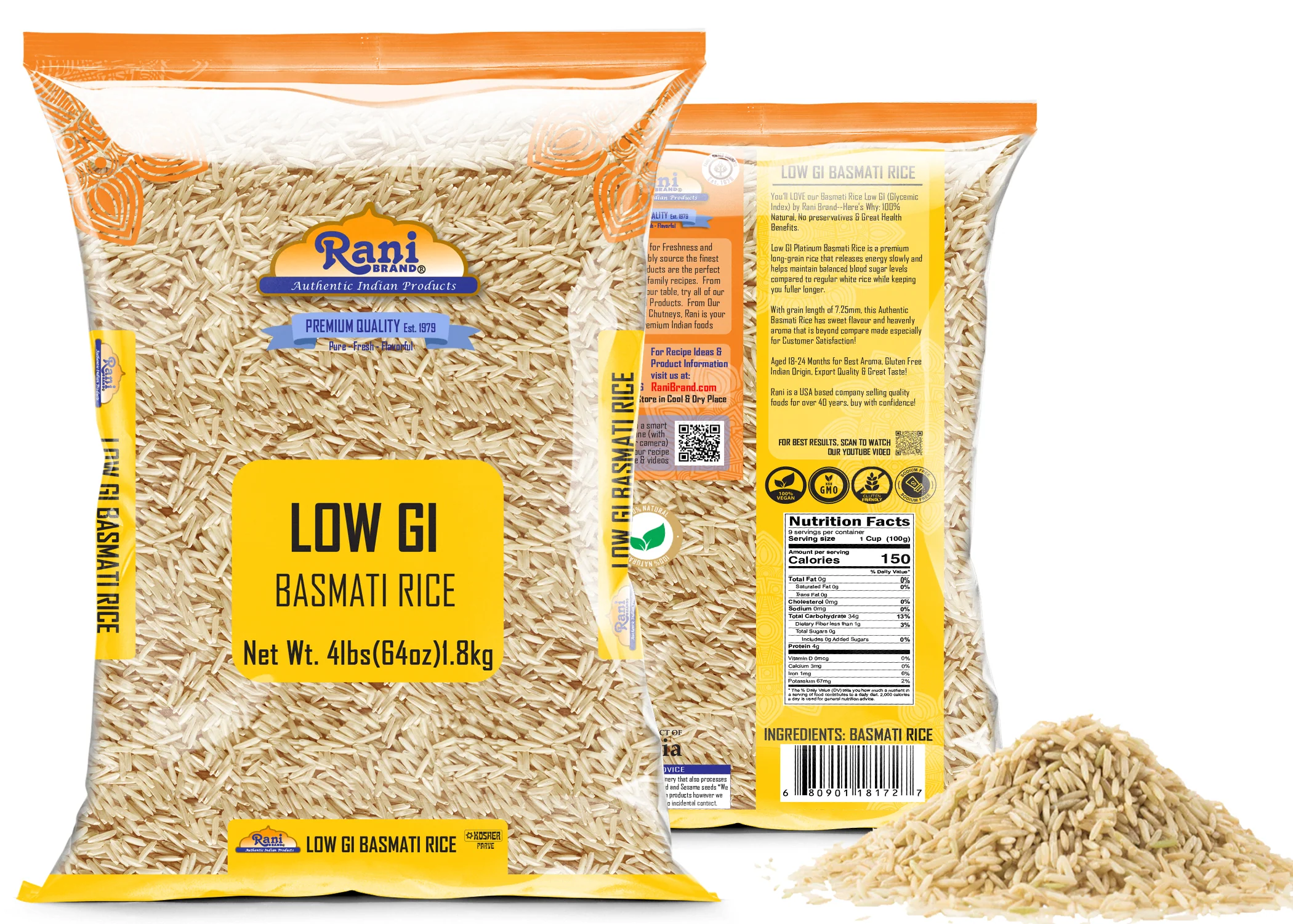Rani White Basmati Rice Low GI (Glycemic Index) Extra Long Aged, Ideal for Diabetics, 4lbs (64oz) 1.81kg Cloth Bag ~ All Natural | Gluten Free | Vegan | Indian Origin | Export Quality - Image 2
